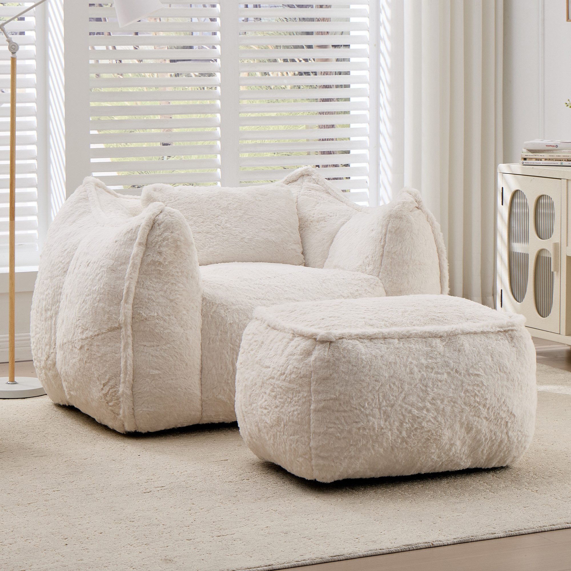 Leawin Relaxliege Sofas Wohnzimmer Loungesessel mit Hocker aus Kunstfell, Weicher Bean Bag Sessel mit Fußhocker und Schaumstofffüllung