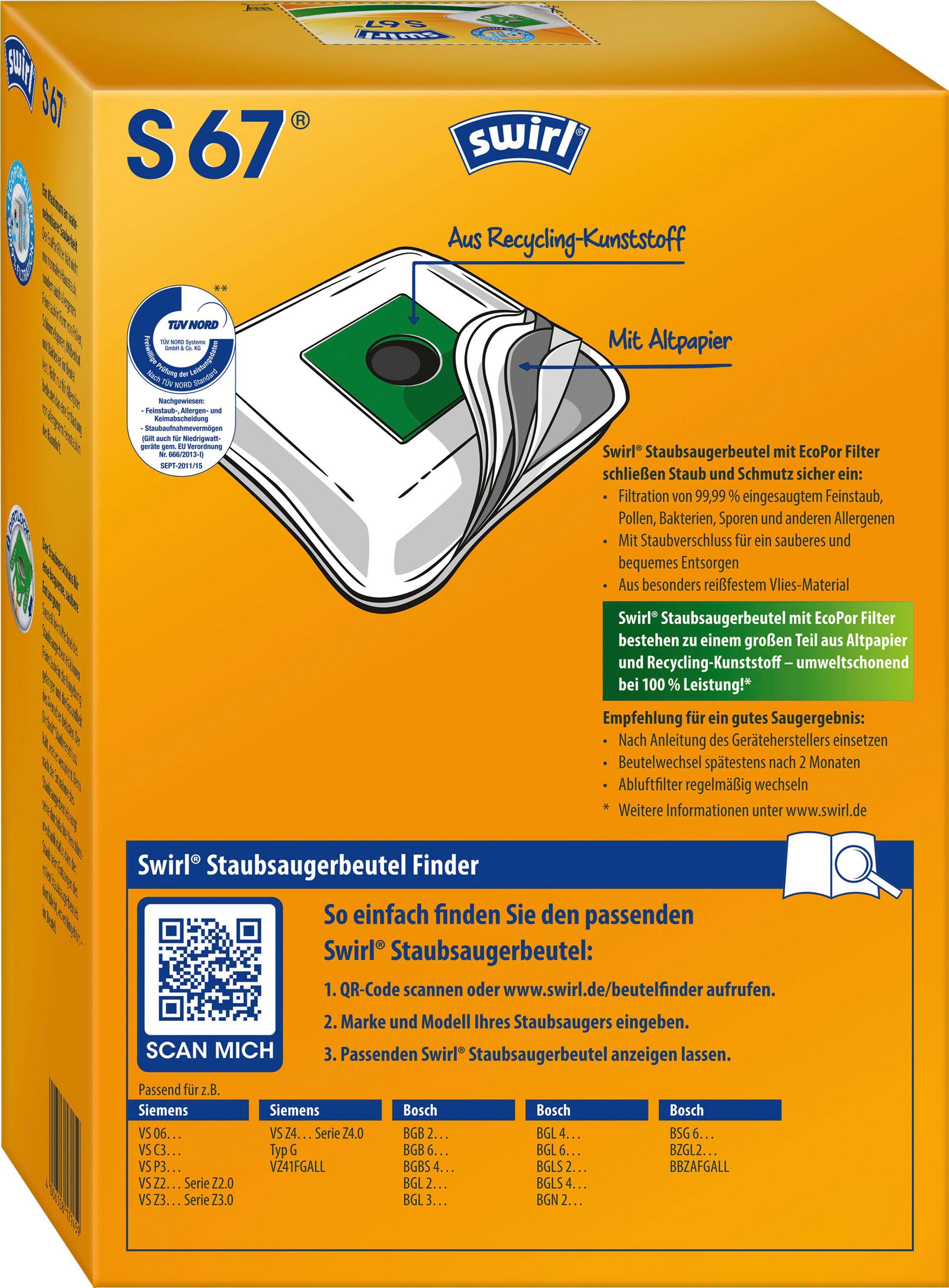 Swirl Staubsaugerbeutel Swirl® S 67 für 4er- und Siemens, Bosch, Pack passend Staubsaugerbeutel Siemens Bosch, für