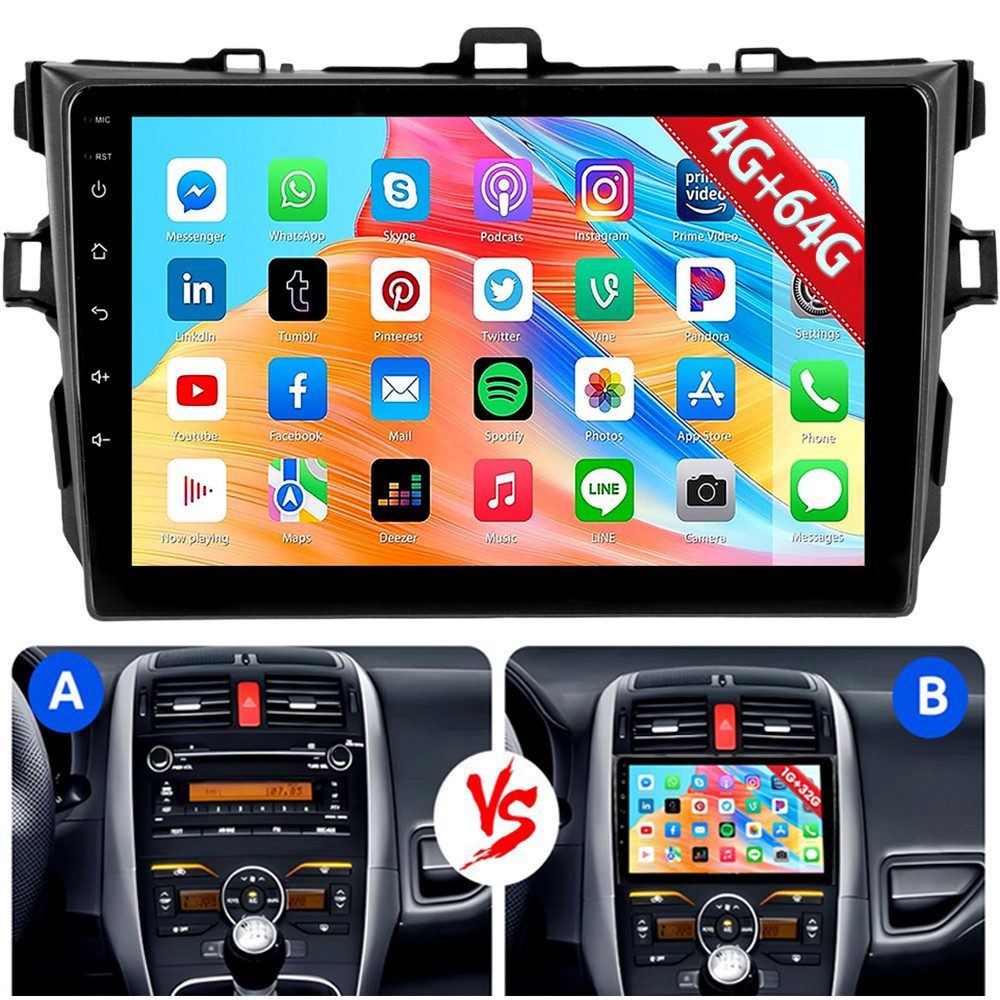 ESSGOO DAB+ 9" Android 15 Für Toyota Auris (2006-2012) Touchscreen HD GPS Autoradio (RDS, 4+64GB(optional), FM, AM, DAB+ (optional), GPS Navi Apple Carplay & Android Auto,Bluetooth 4.1)
