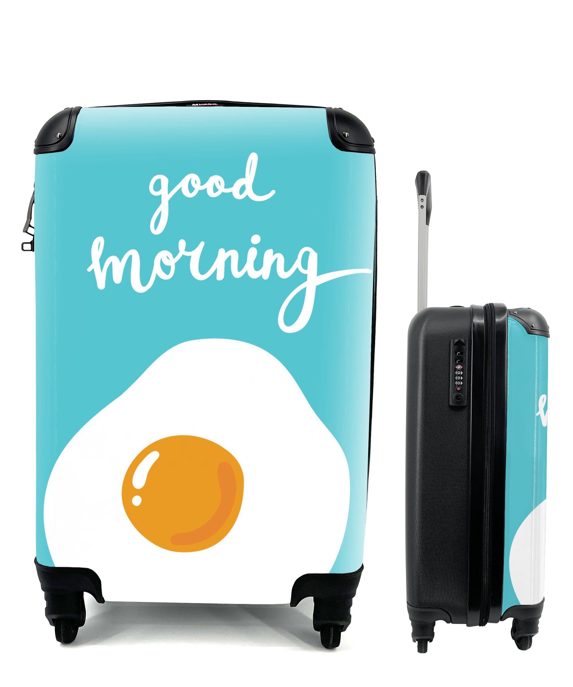 MuchoWow Handgepäckkoffer Illustration mit dem Zitat "Guten Morgen" und einem Spiegelei, 4 Rollen, Reisetasche mit rollen, Handgepäck für Ferien, Trolley, Reisekoffer