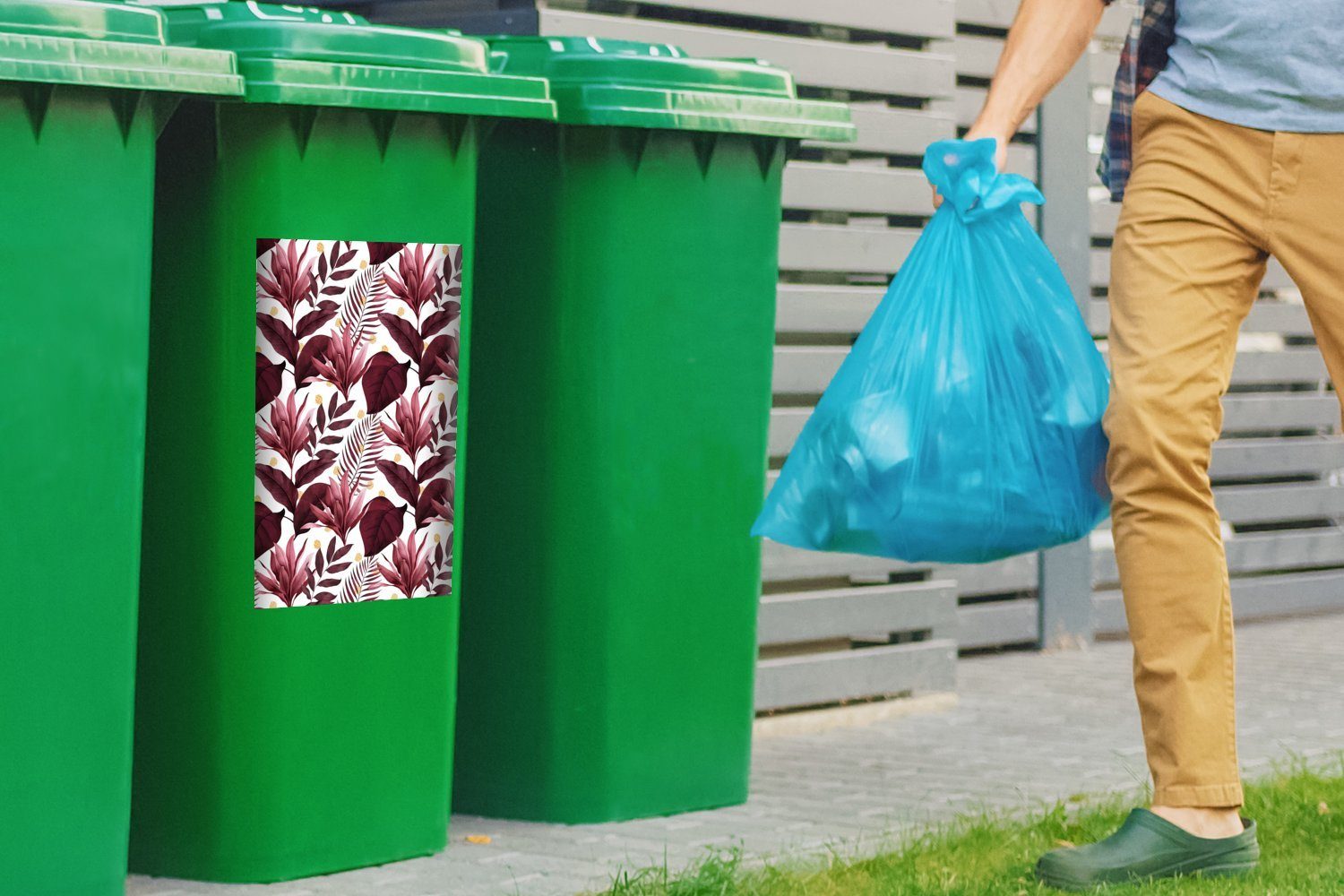 St), Tropisch - Container, Abfalbehälter Mülleimer-aufkleber, (1 Lila Mülltonne, - Wandsticker Blätter Sticker, MuchoWow