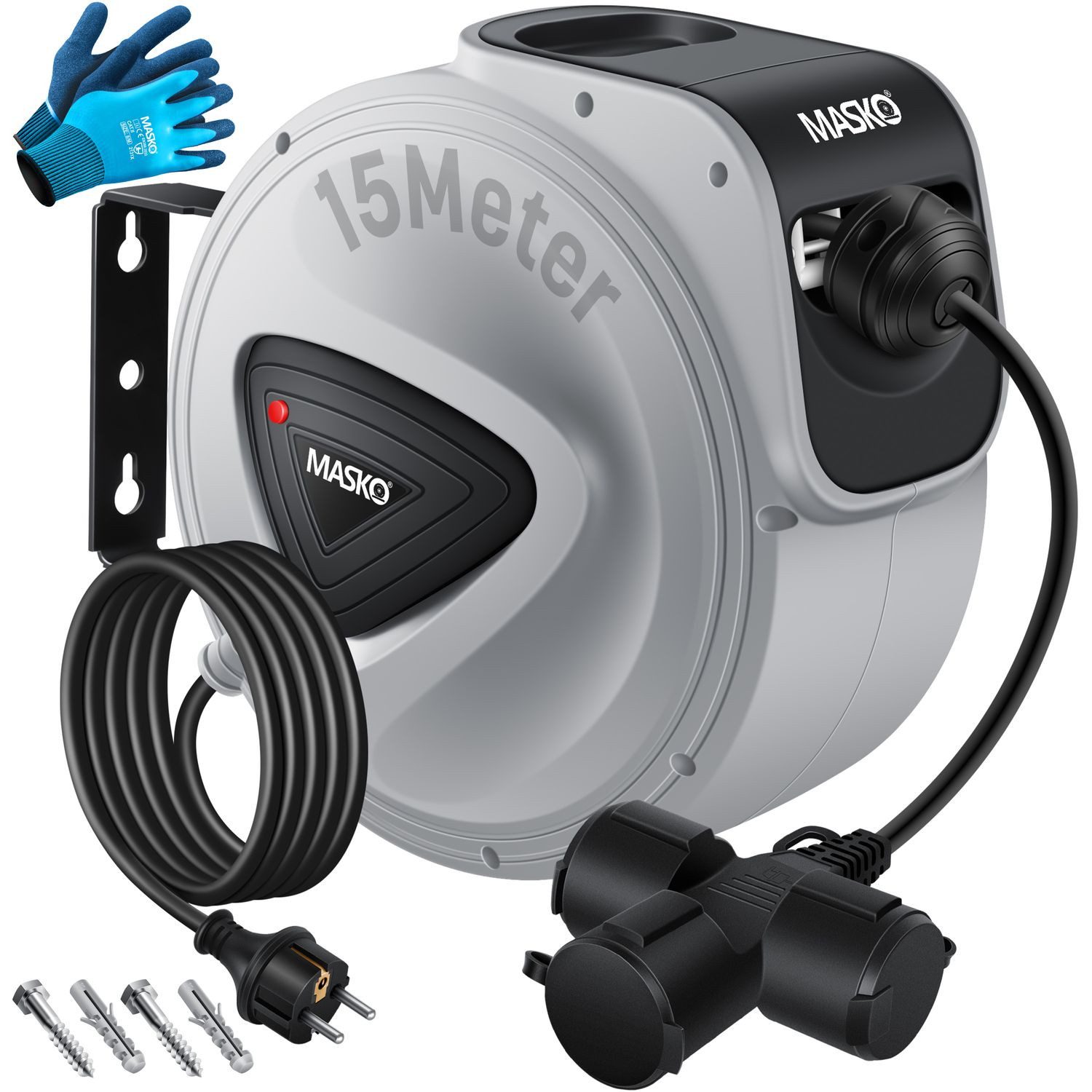 MASKO Verlängerungskabel, (15 cm), Automatik Kabeltrommel Verlängerungskabel mit 3-Fach Anschluss