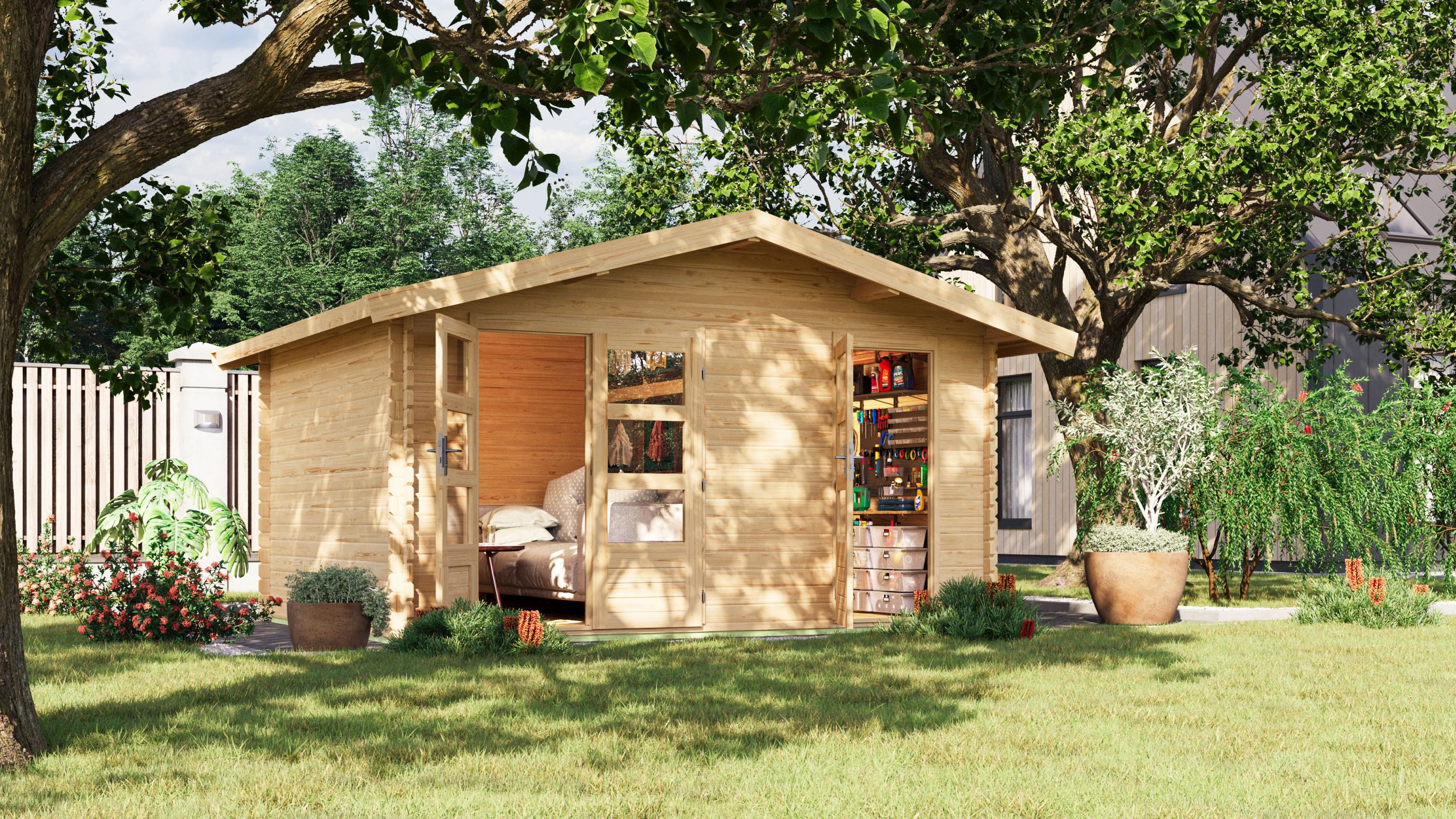 Karibu Gartenhaus Gerätehaus Holzhaus Heidemühl, BxT: 417x327 cm, 13 m² Fläche, 38mm Wandstärke,nordische Fichte, Made in Germany