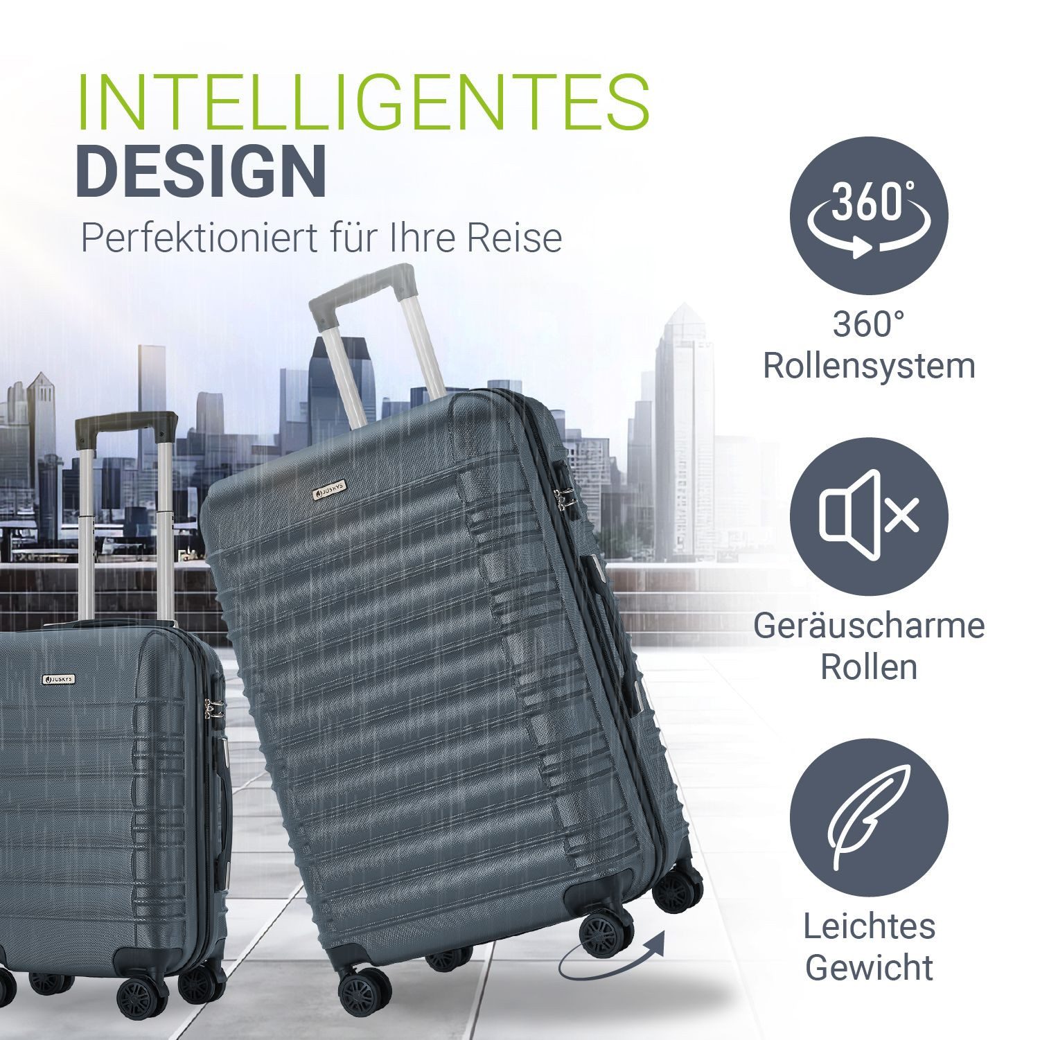 Juskys Trolleyset Rom, 4 Rollen, (4 tlg., 4-teilig), 4 Koffer, 360° Rollen, robuste Hartschale, mit Zahlenschloss