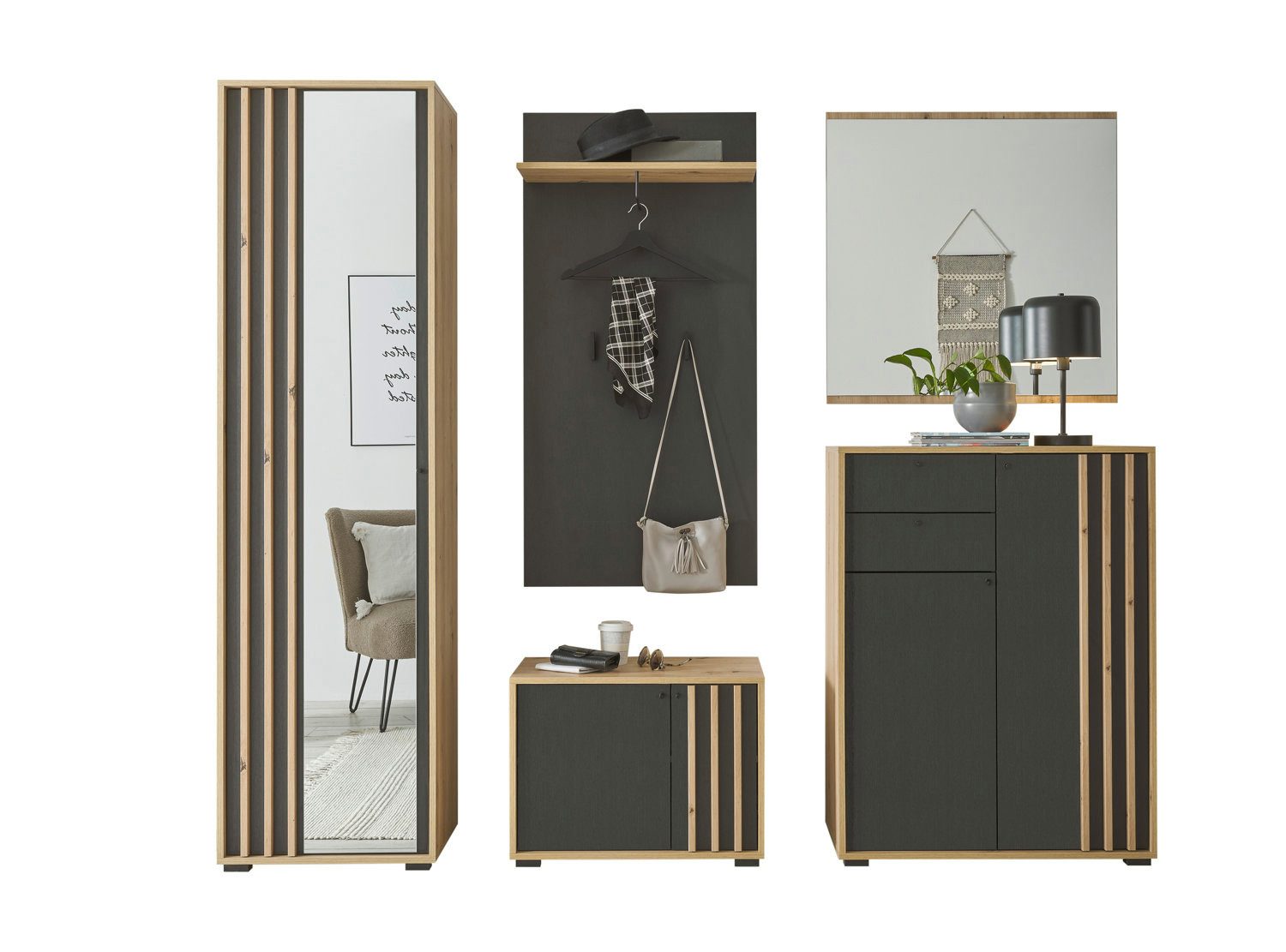 moebel-dich-auf Garderoben-Set VOLAM, (Komplett-Set, Garderobenschrank + Paneel + Bank + Spiegel + Schuhkommode), inkl. Spiegeltür