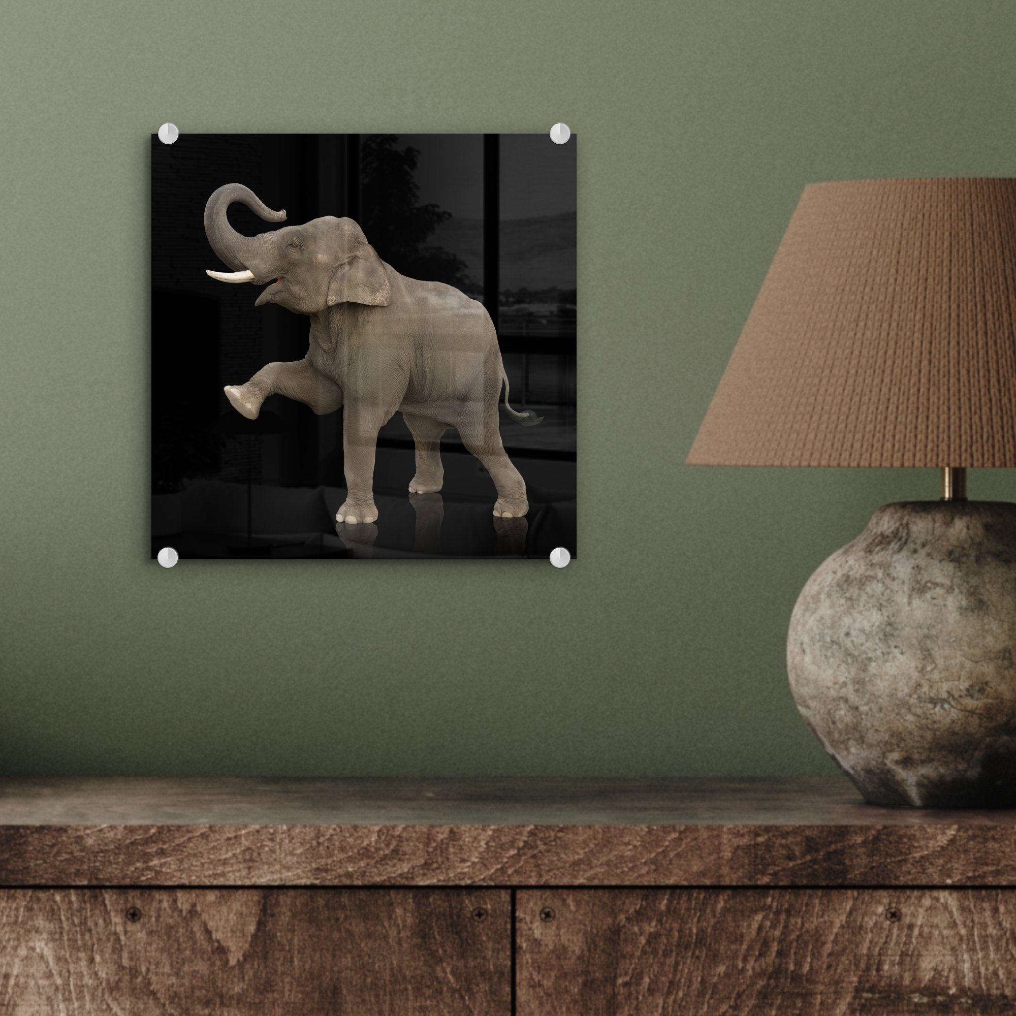 MuchoWow Acrylglasbild Elefant - Tiere Foto Wanddekoration - - Porträt, auf Glasbilder Schwarz (1 St), Wandbild - Glas - - auf Bilder Glas