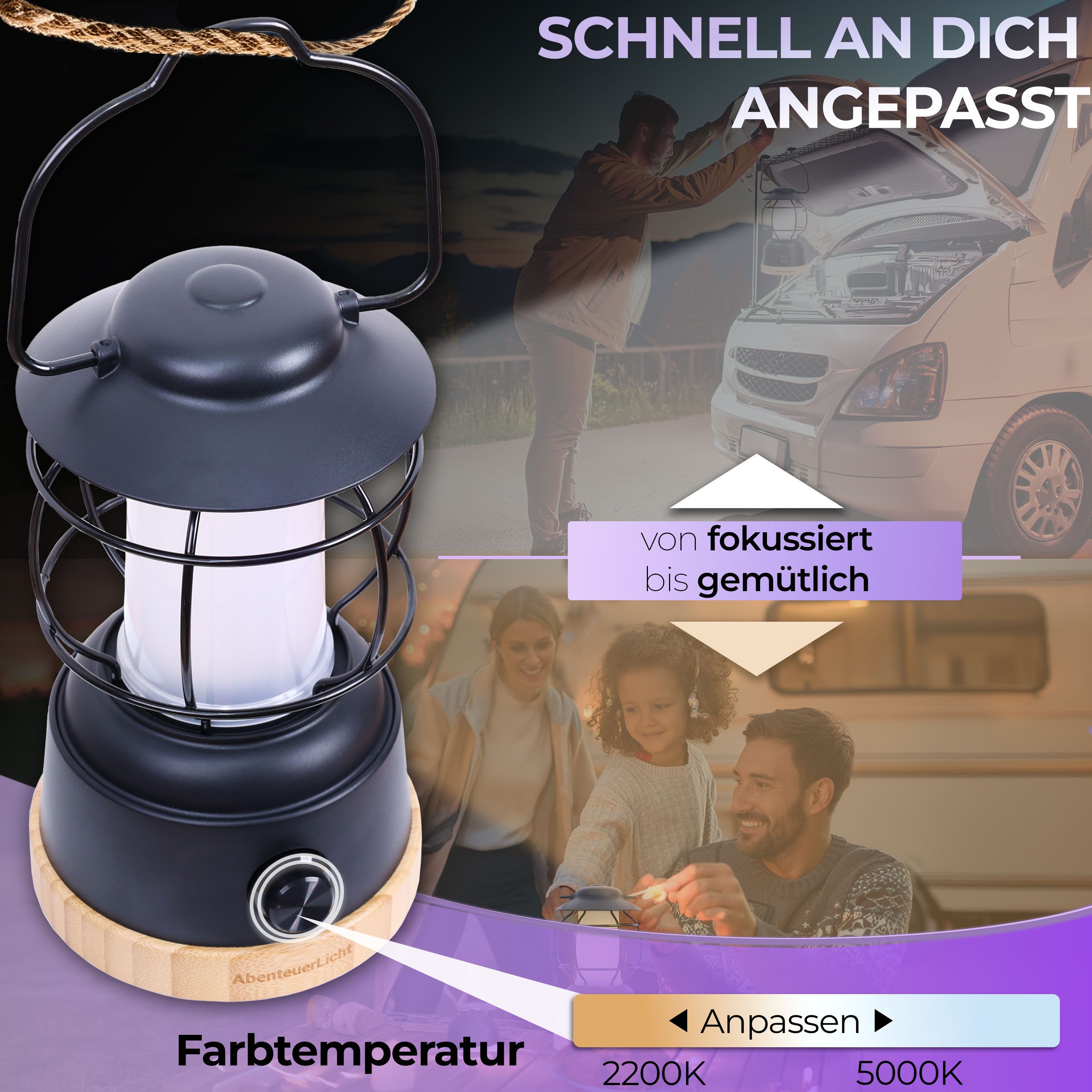 lilatec LED Außen-Tischleuchte Lilatec LED-Campingleuchte AbenteuerLicht schwarz, Integriert, 2200K - 5000K