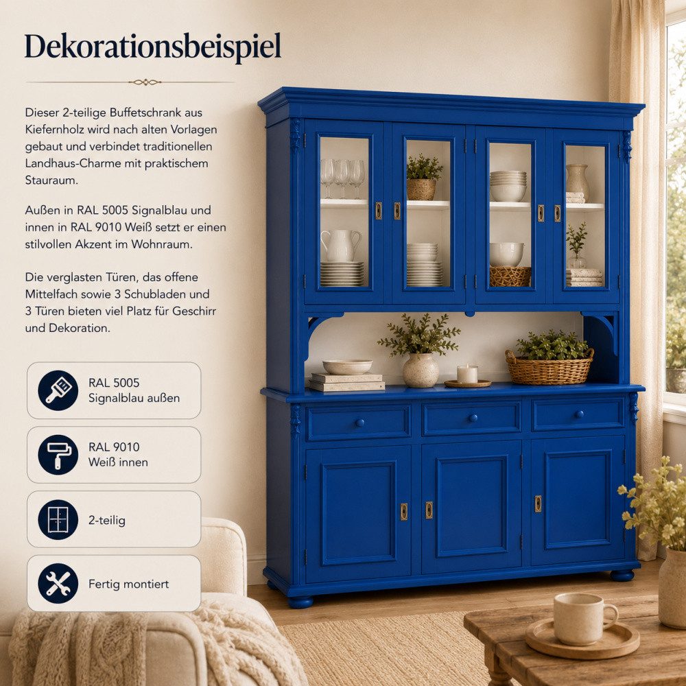 Wohnpalast Buffet Buffetschrank Landhaus Blau/weiß 160 cm aus massivem Weichholz Vitrine