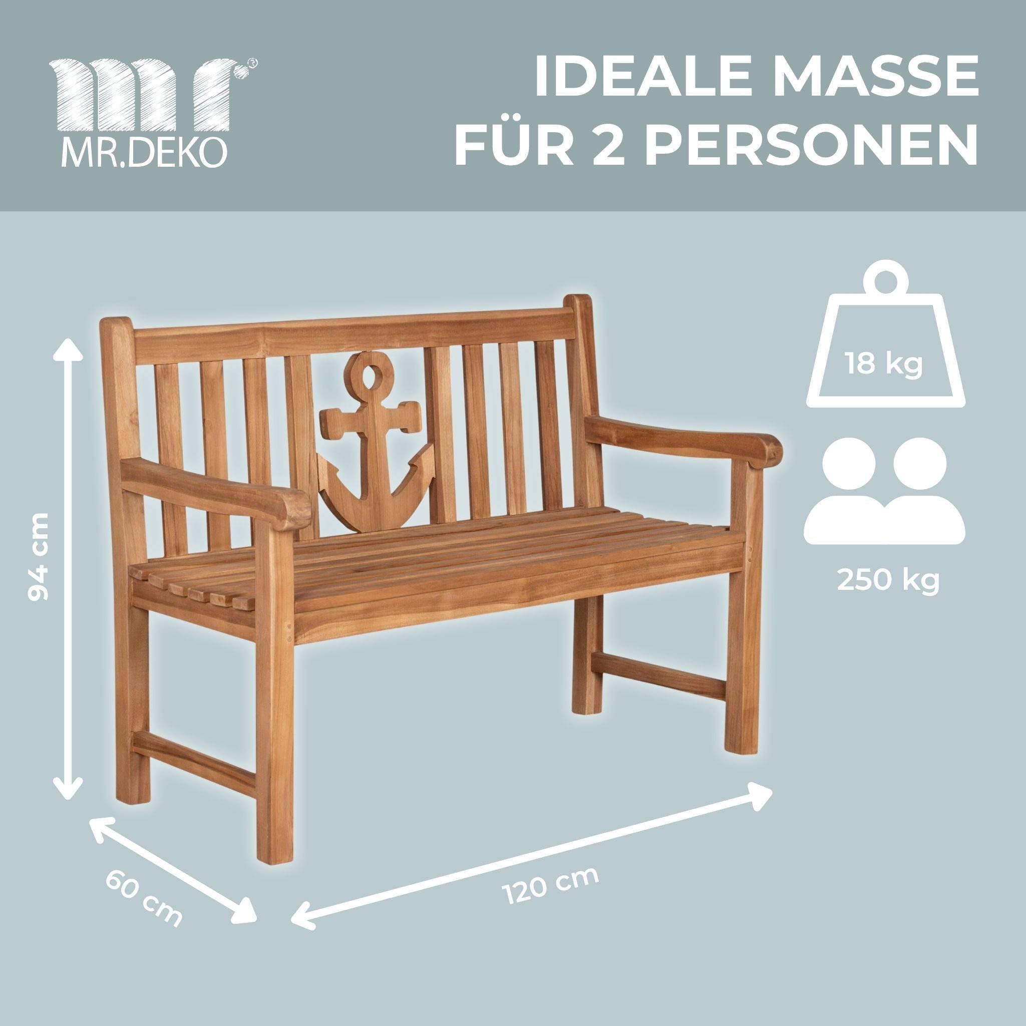 MR.DEKO Gartenbank Teak Anker 120 cm – Massivholz maritim & wetterfest, Sitzbank (2-Sitzer Bank, zerlegt geliefert, ideal für Terrasse, 1-St), Massive Sitzbank Garten und Balkon, 250 kg belastbar