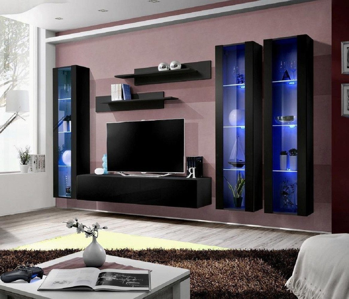 Xlmoebel Wohnwand Dunkel Wohnwand Hängeschrank Set 7 teilig Wohnzimmer Möbel Modern, (6-St., 1x Wohnwand + 1x TV Ständer + 3x Hänge Vitrine + 2x Wandregale), Hergestellt in Europa