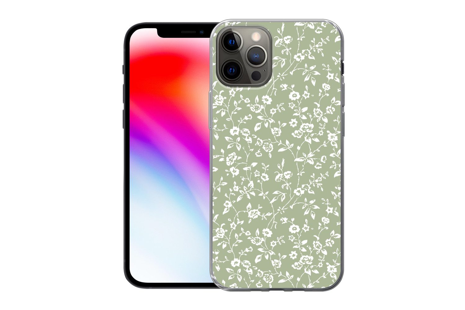 MuchoWow Handyhülle für Apple iPhone 13 Pro Blumen - Druck - Grün - Weiß, Smartphone-Bumper, Print, Handy Schutzhülle Dünn