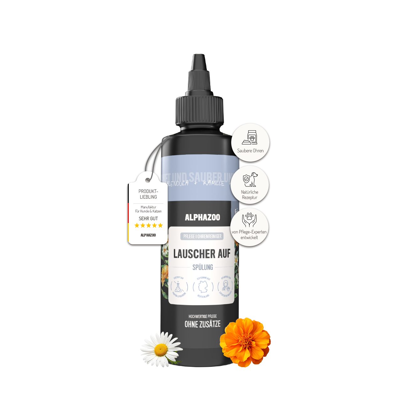 ALPHAZOO Ohrenreiniger Lauscher-Auf Ohrenreiniger 250ml I Hunde, 1-tlg., Sanft Ohren reinigen und Ohrenschmalz entfernen I Ohrreiniger