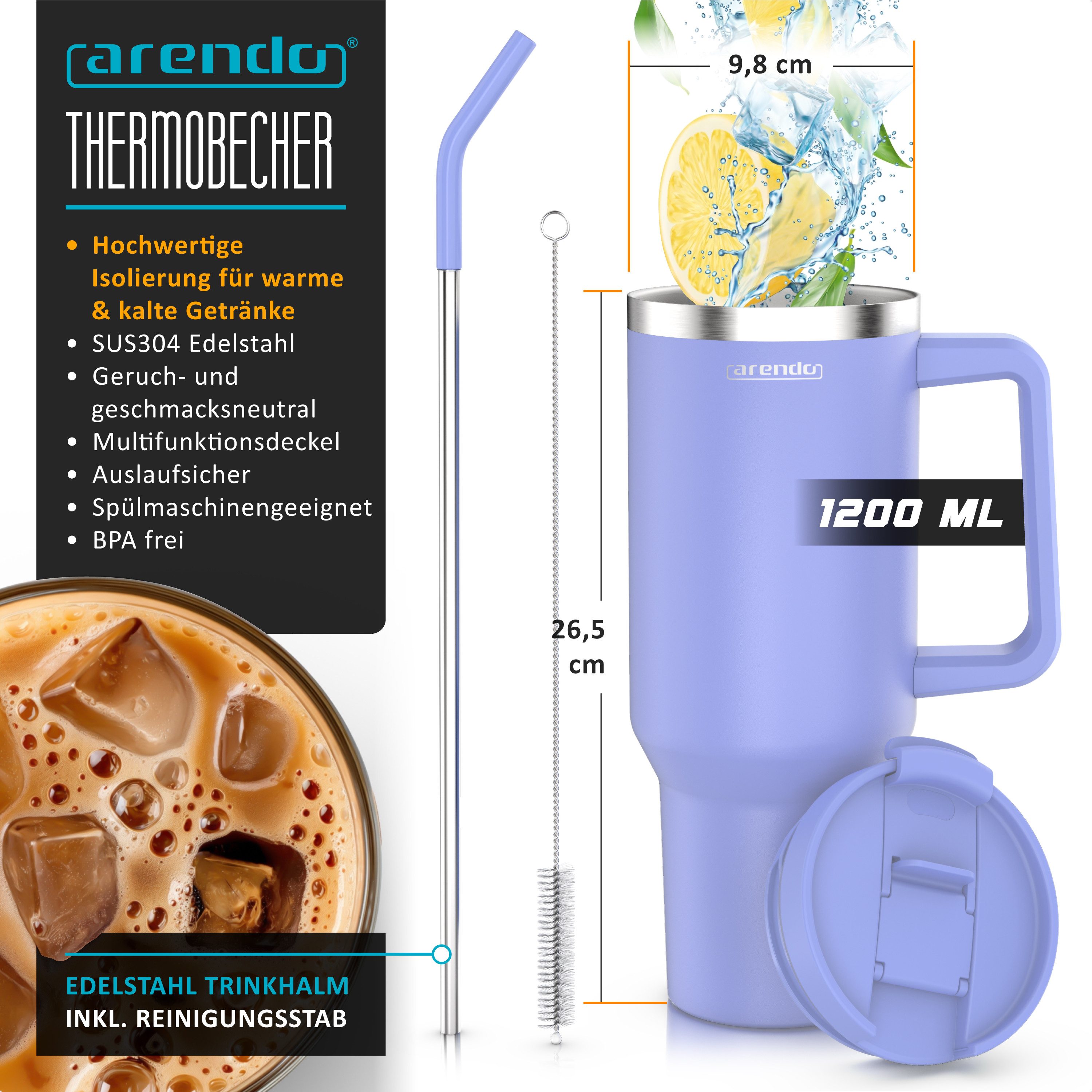Arendo Thermobecher Tumbler 1200 ml, Becher mit Deckel, Henkel und Strohhalm, Thermal Mug, 1-tlg., Edelstahl, kohlensäuregeeignet, auslaufsicher, doppelwandig,  – Bild 2 von 5