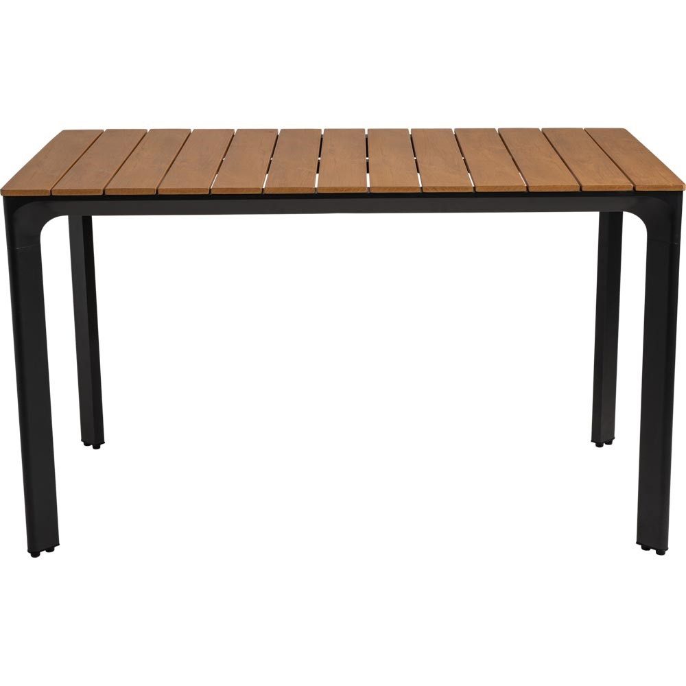Lesli Living Garten-Essgruppe "Arrezo Eckig" + 4 Geflecht-Stühle, Polywood Teakholzlook, Aluminium, Sitzkissen, Geflochten, Skandi - Boho Stühle, Gartenmöbel-Set, Rope
