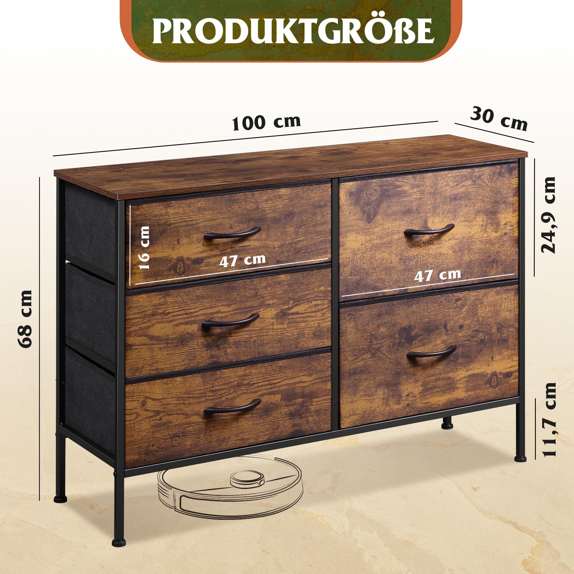 WLIVE Kommode Stauraumschrank Kommode mit 5 Stoffschubladen, (Metallrahmen Holzwerkstoff), Kommode Wohnzimmer, mit Stabiler Stahlrahmen und Holzplatte
