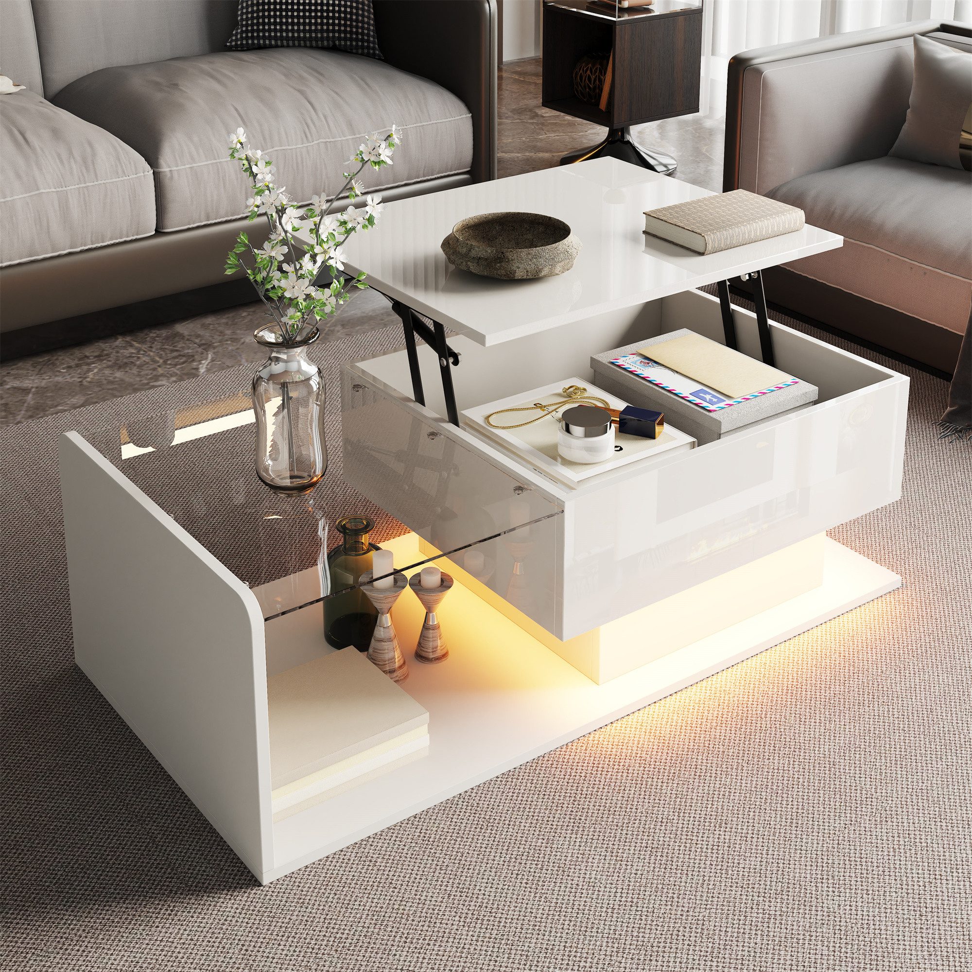 Merax Couchtisch hochglanz Sofatisch höhenverstellbar Beistelltisch mit LED-Beleuchtung (1-St., 100 L x 50 B x 33/47,5 H cm), Wohnzimmertisch mit Glasplatte & verstecktem Stauraum