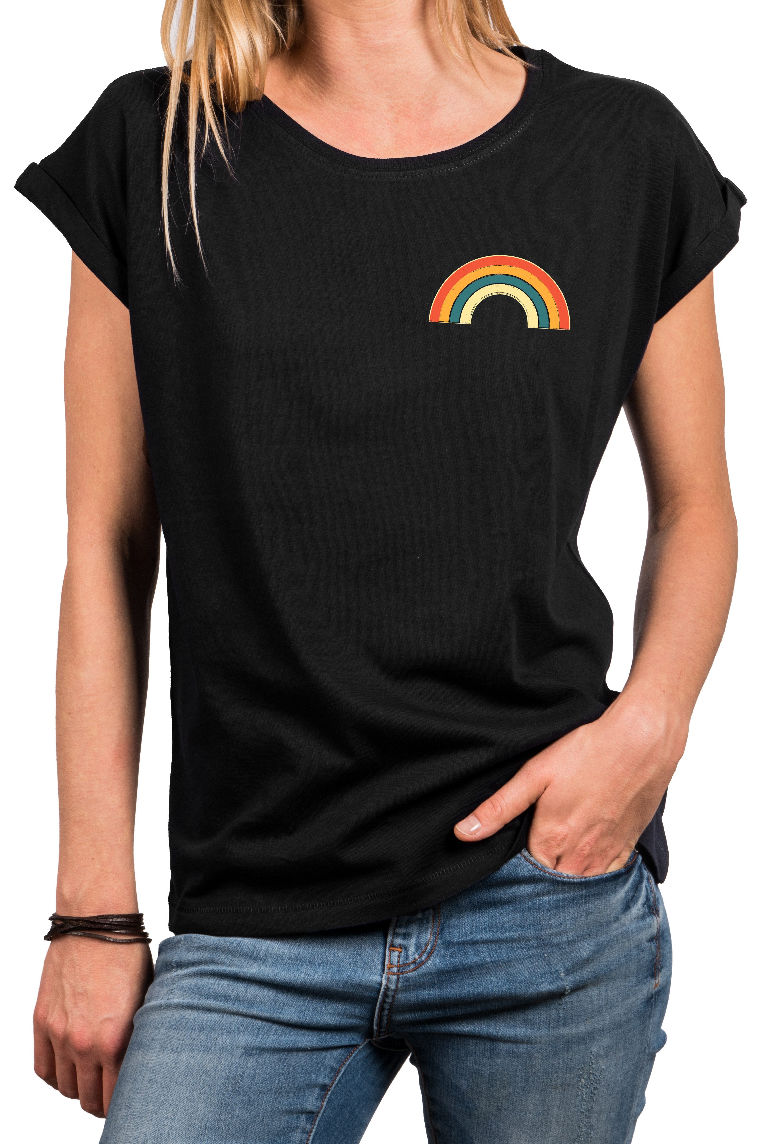 MAKAYA T-Shirt mit Regenbogen Damen Top Rainbow Sommer Tunika Stylisch Elegant (Schwarz, Blau, Grau, Grün, Rosa, Weiß, 36, 38, 40, 42, 44, 46, 48, 50) Baumwolle