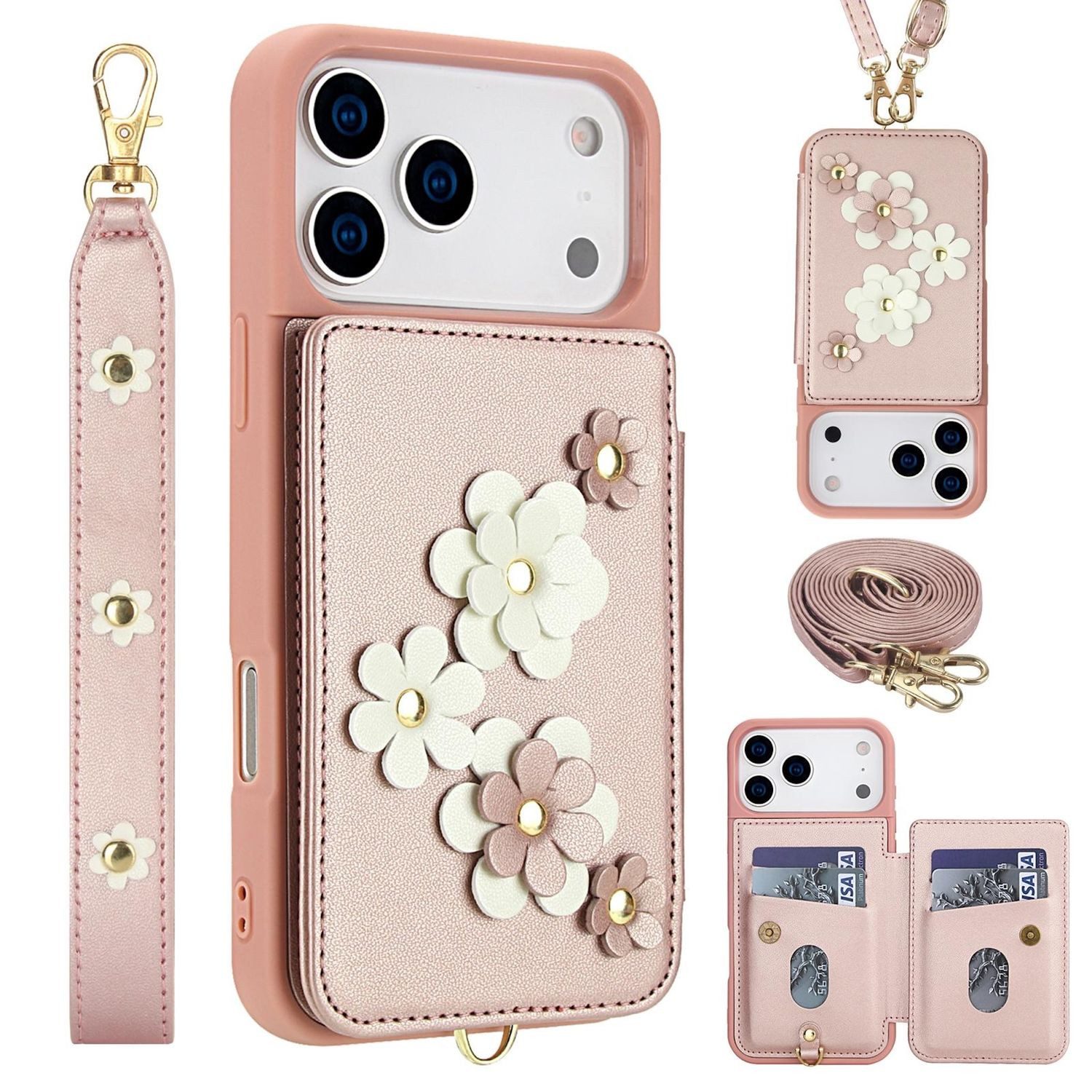 Wigento Handyhülle Für Apple iPhone 17 Pro Crossbody Kunstleder Blumen Hülle Rose Gold, Mit Kartenfächern, Gurt, Kickstand-Funktion