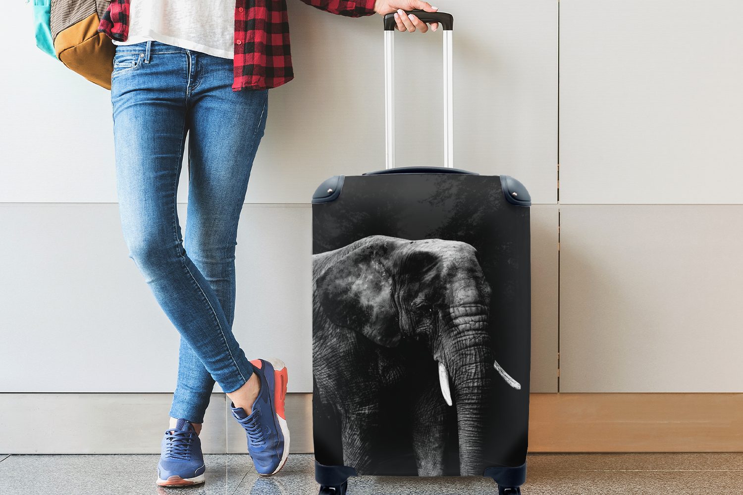 mit auf schwarzem Ferien, schwarz weiß, rollen, Handgepäck - Hintergrund Handgepäckkoffer Reisetasche Trolley, und MuchoWow Reisekoffer Elefant 4 für Rollen,