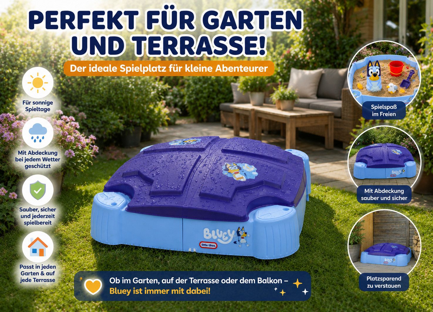 Little Tikes® Sandkasten Bluey Beach Day mit Deckel, Buddelkasten, Sandspielzeug, Garten, (Spielset, 2-tlg., Komplettset mit Zubehör), Abnehmbarer Deckel, 4 Sitzplätze, Bluey Design, Outdoor geeignet