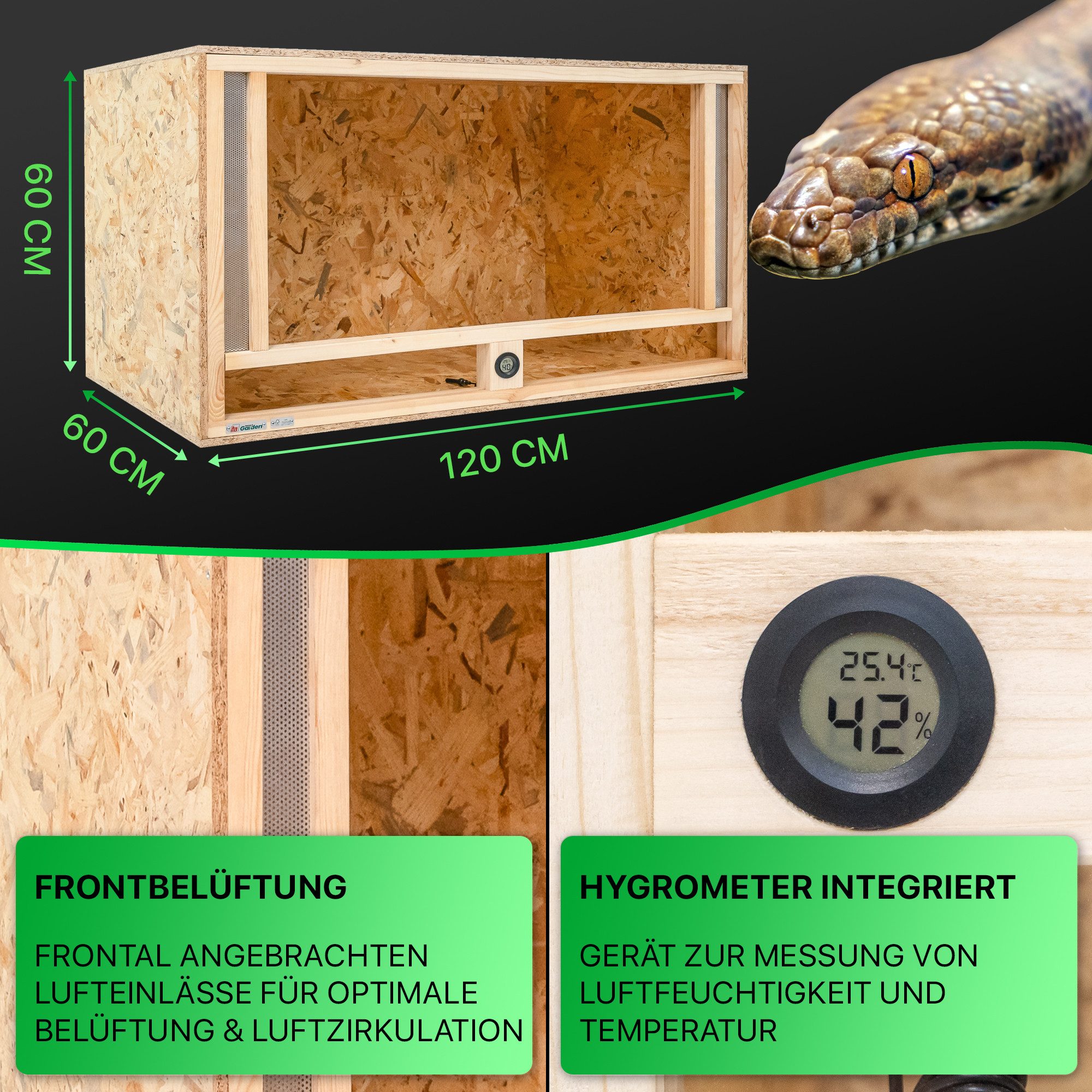 ITA Terrarium Holz Terrarium 120х60х60 mit Frontbelüftung & Integriertem Hygrometer, Holzterrarium aus OSB - Terrarien für Reptilien, Schlangen, Amphibien