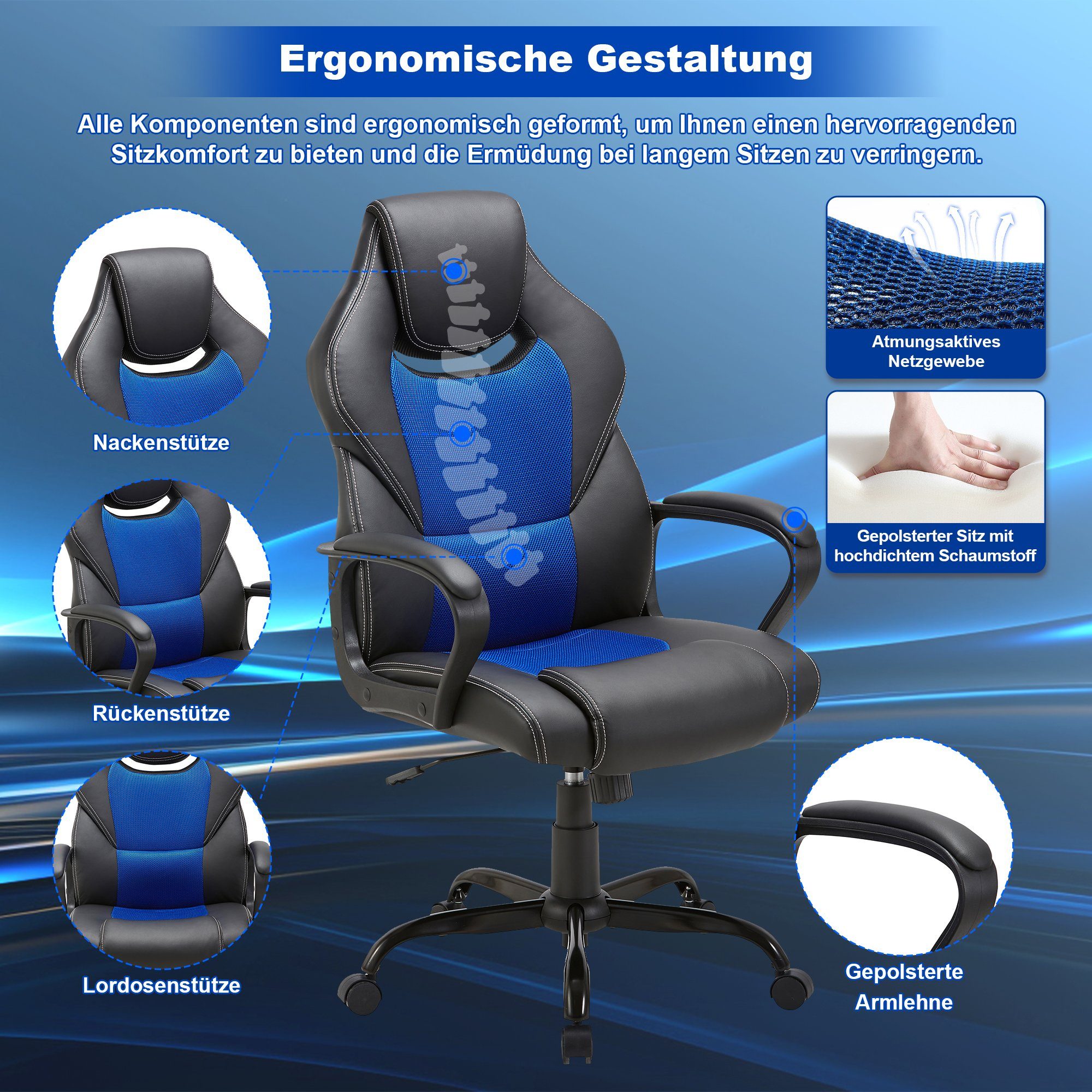 Schwarz höhenverstellbar bürostuhl, Wippfunktion chefsessel Bürostuhl ergonomisch Gaming Schwarz Zedelmaier Blau Schreibtischstuhl Stuhl und Drehstuhl, mit mit blau