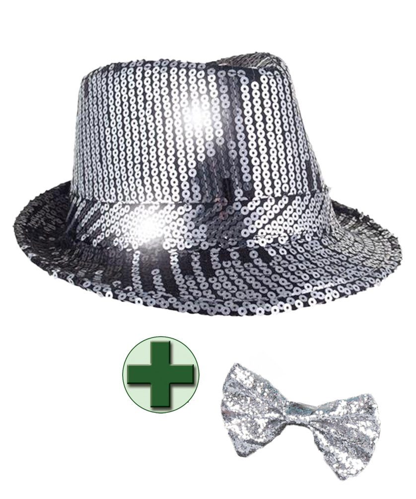 Karneval-Klamotten Kostüm Pailletten-Hut schwarz silber mit Fliege Herren, Pailletten Disco-Hut und Fliege ideal für Silvester Karneval Party's