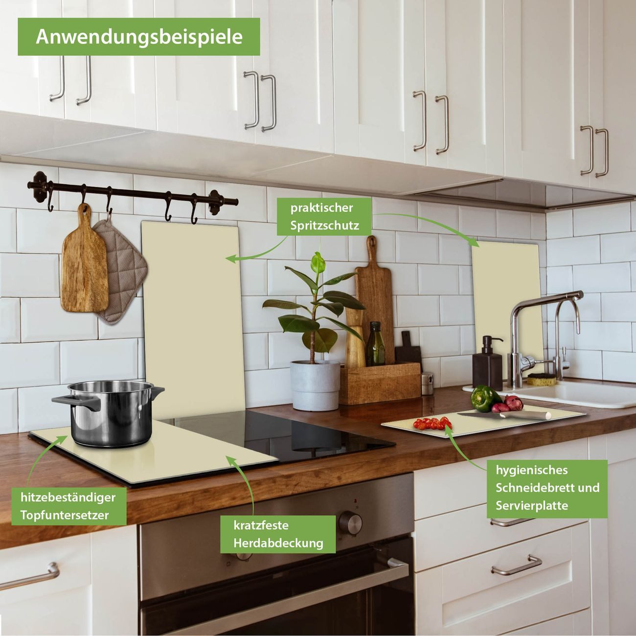 banjado Herd-Abdeckplatte zweiteilig aus Glas mit Motiv Beige, (gehärtet, 2 tlg., inkl. selbstklebende Gummifüßchen)