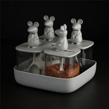 Qualy Design Vorratsdose Seasoning Behälter Set Lucky Mouse mit Tablett, Kunststoff, (Vorratsbehälter transparent, 5-tlg., für ca. 250 ml je Dose), Maus, Deckel mit Löffel, grau, ca. 16,3 x 16,3 x 15 cm