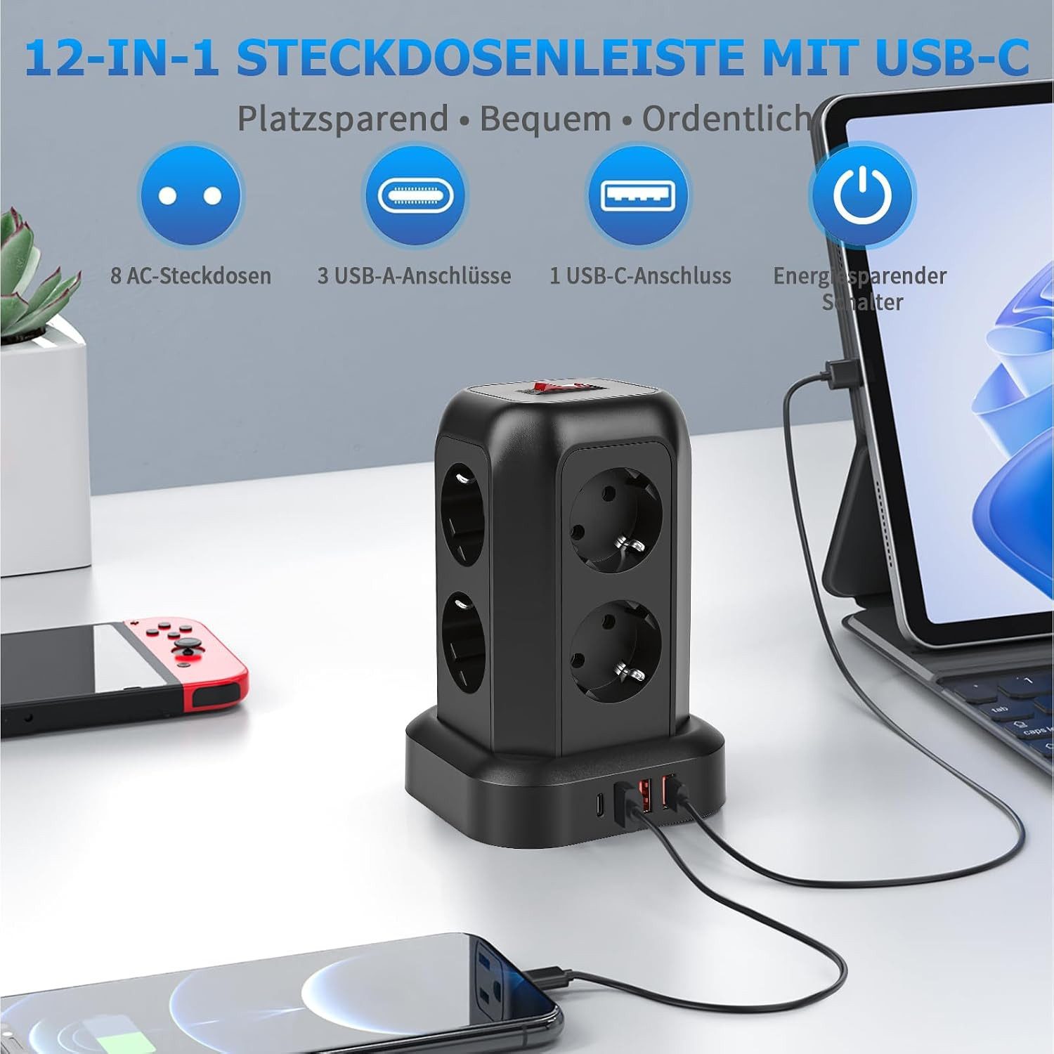 Toomoke 12-in-1 Steckdosenturm mit 8 Steckplätzen und 4 USB-Anschlüssen Mehrfachsteckdose 8-fach (3 USB A und 1 USB C Mehrfachsteckdose, Kabellänge 1.8 m), USB- – Bild 2 von 5