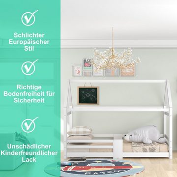 Flieks Kinderbett (1-tlg), Kiefernholz Hausbett mit Tafel 90x200cm
