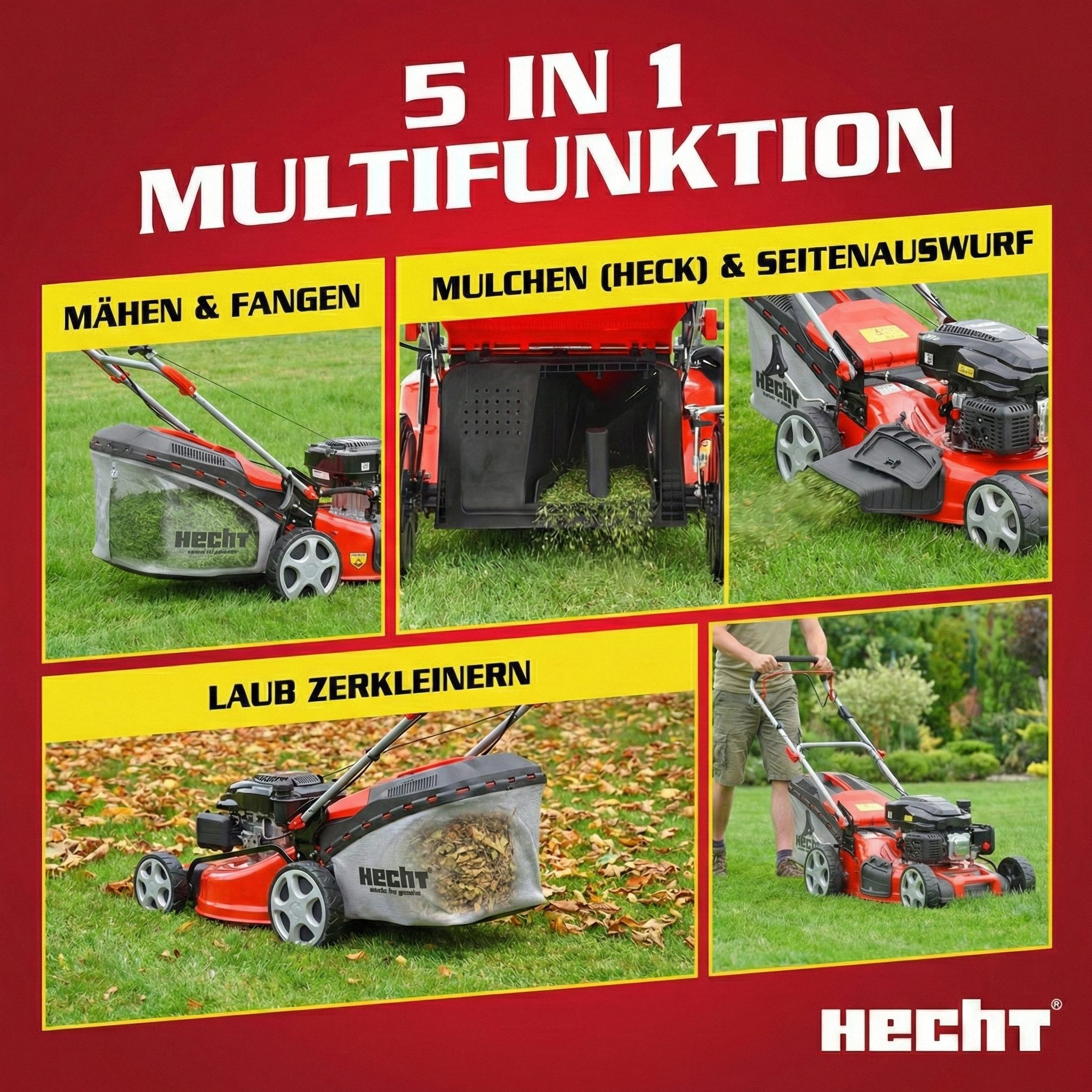 Hecht Benzinrasenmäher 554 SXE 5in1 mit Radantrieb Elektrostart, 53 cm Schnittbreite, Mulchkit, 6,5 PS