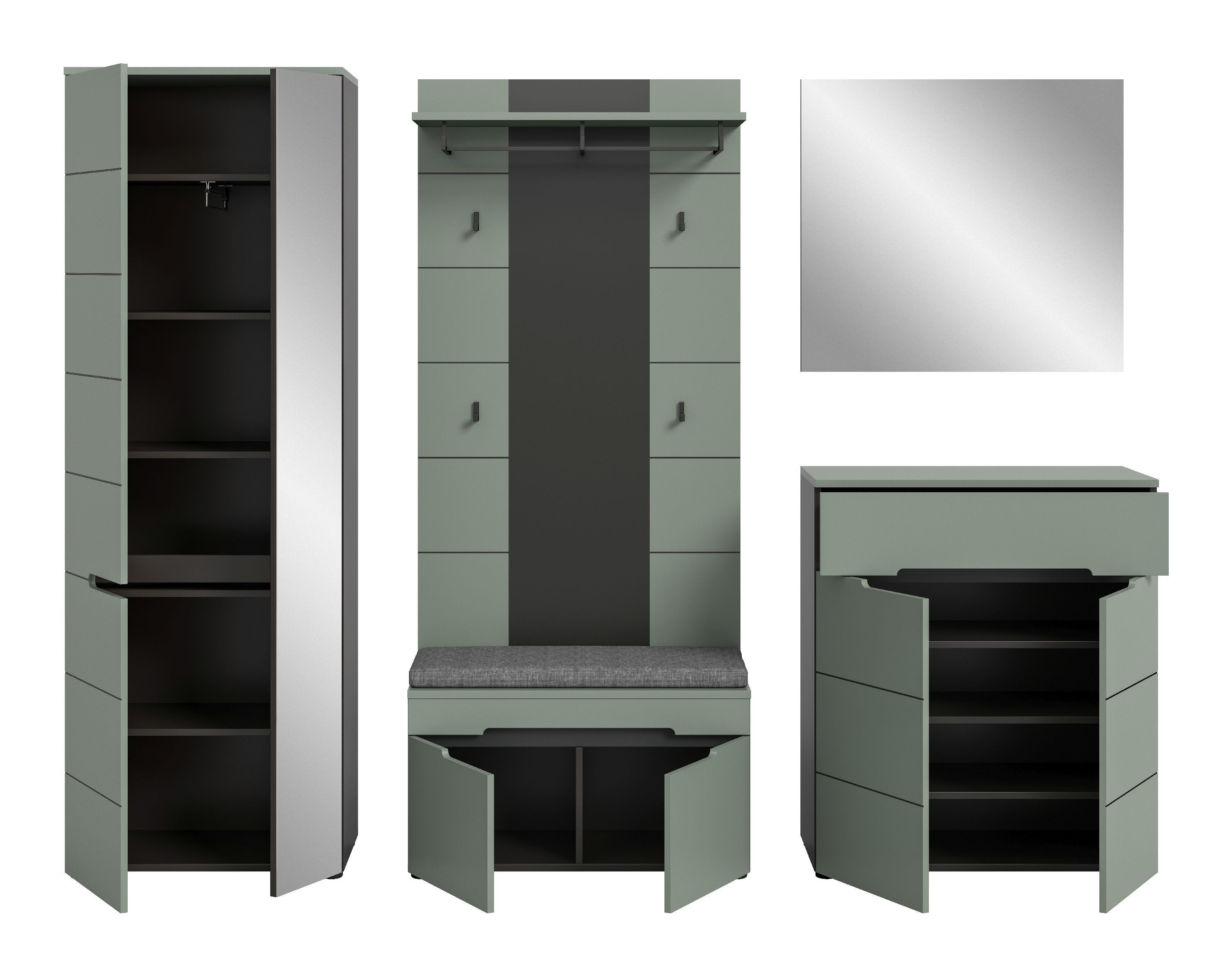 xonox.home Garderoben-Set, (6tlg. Set inkl. Garderobenschrank, Sitzbank, Paneel, Schuhkommode), Smoke Green Melamin beschichtet modern 255x190x37 cm