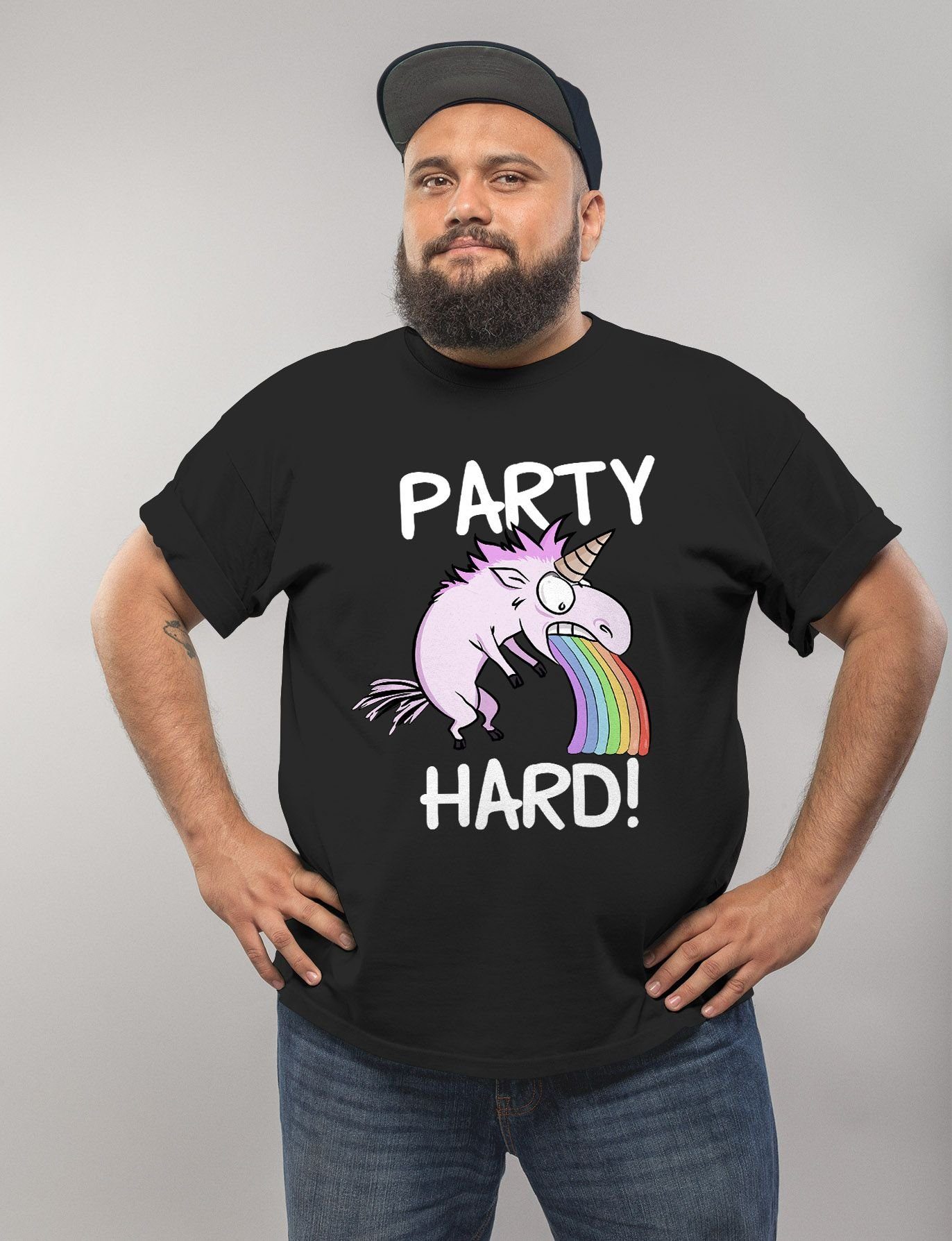 Hard Herren Spruch Feiern lustig Saufen Einhorn Fun-Shirt Party Moonworks® T-Shirt Print-Shirt Print mit kotzendes MoonWorks