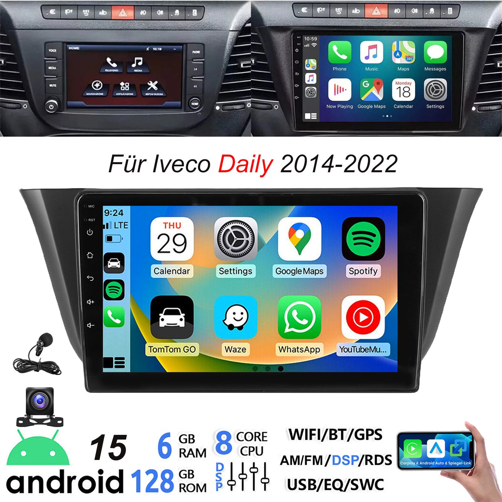 ESSGOO Autoradio 6+128G CarPlay Für Iveco Daily 2014-2021 Android 15 GPS Navi Autoradio (RDS, 4G LTE, DAB (optional), FM, AM, DAB+ (optional), SWC, Apple Carplay Android Auto GPS Navi WIFI BT EQ)