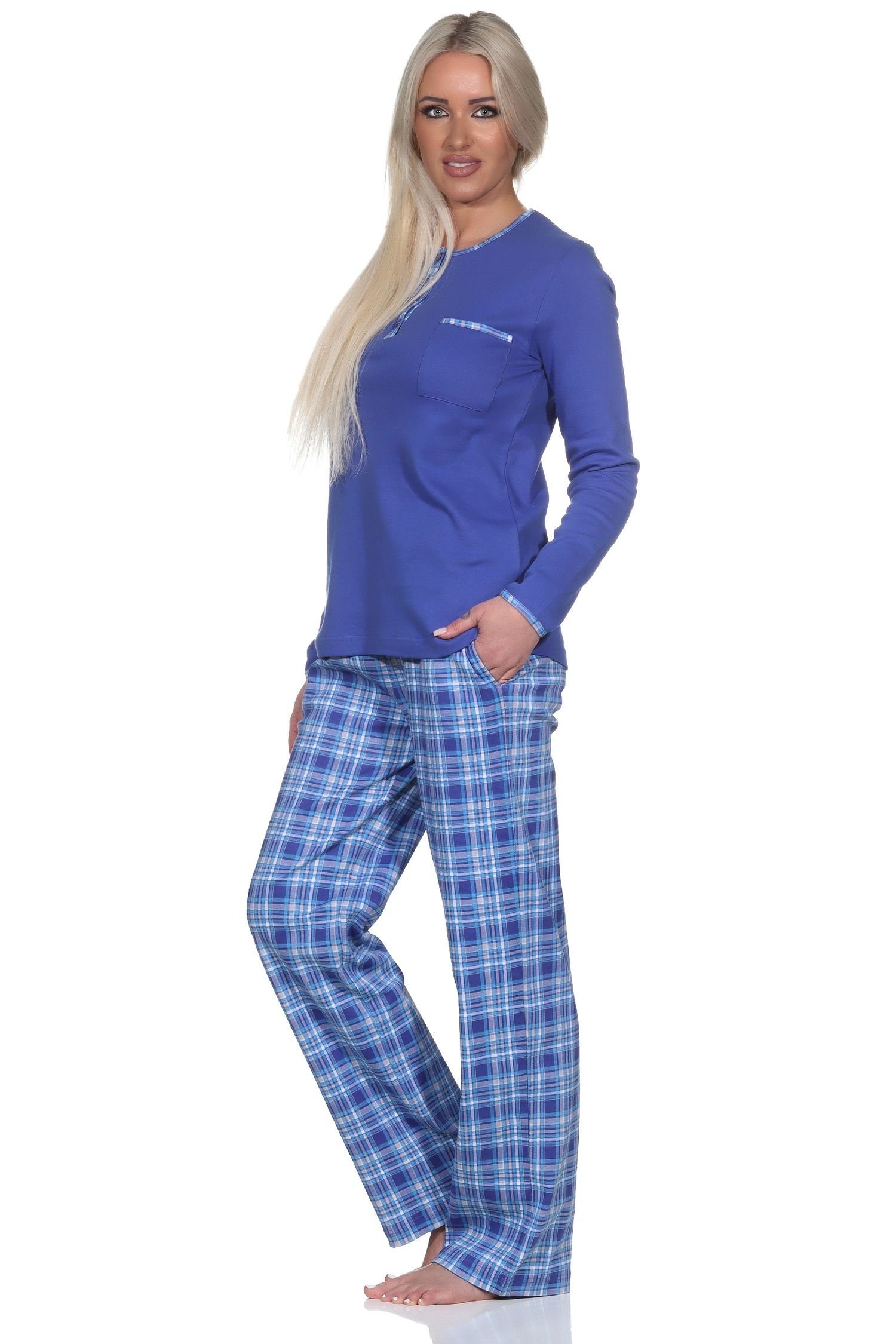 Hose Kuschel Pyjama Normann Damen Schlafanzug karierter in mit Qualität Interlock blau