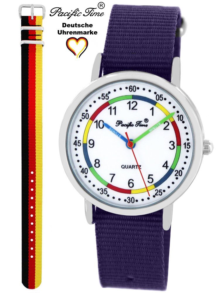 Pacific Time Quarzuhr Set Versand Design und Wechselarmband, violett und Gratis Kinder Lernuhr Mix Match - Deutschland Armbanduhr First