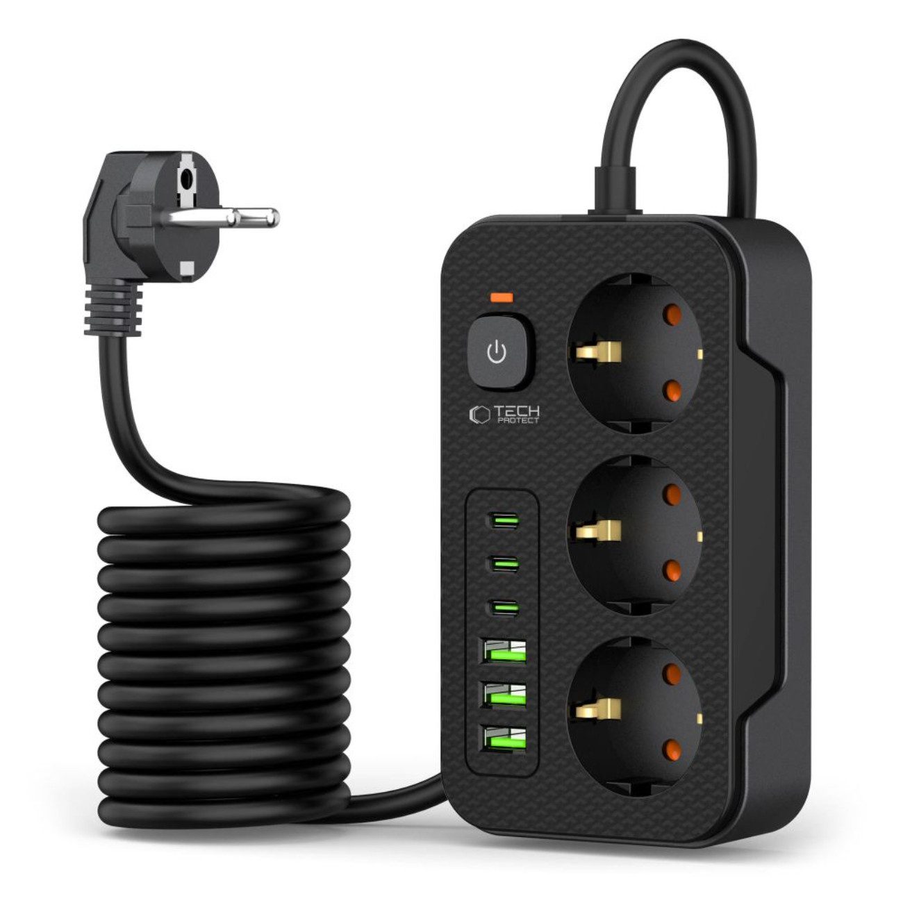TECH PROTECT PC3X6 Steckdosenleiste (3 Steckdosen, 200 cm Kabel, 3x USB-C, 3x USB-A, Schalter mit LED-Anzeige), 9-in-1 Steckdosenleiste mit USB-A und USB-C Ladeanschlüssen