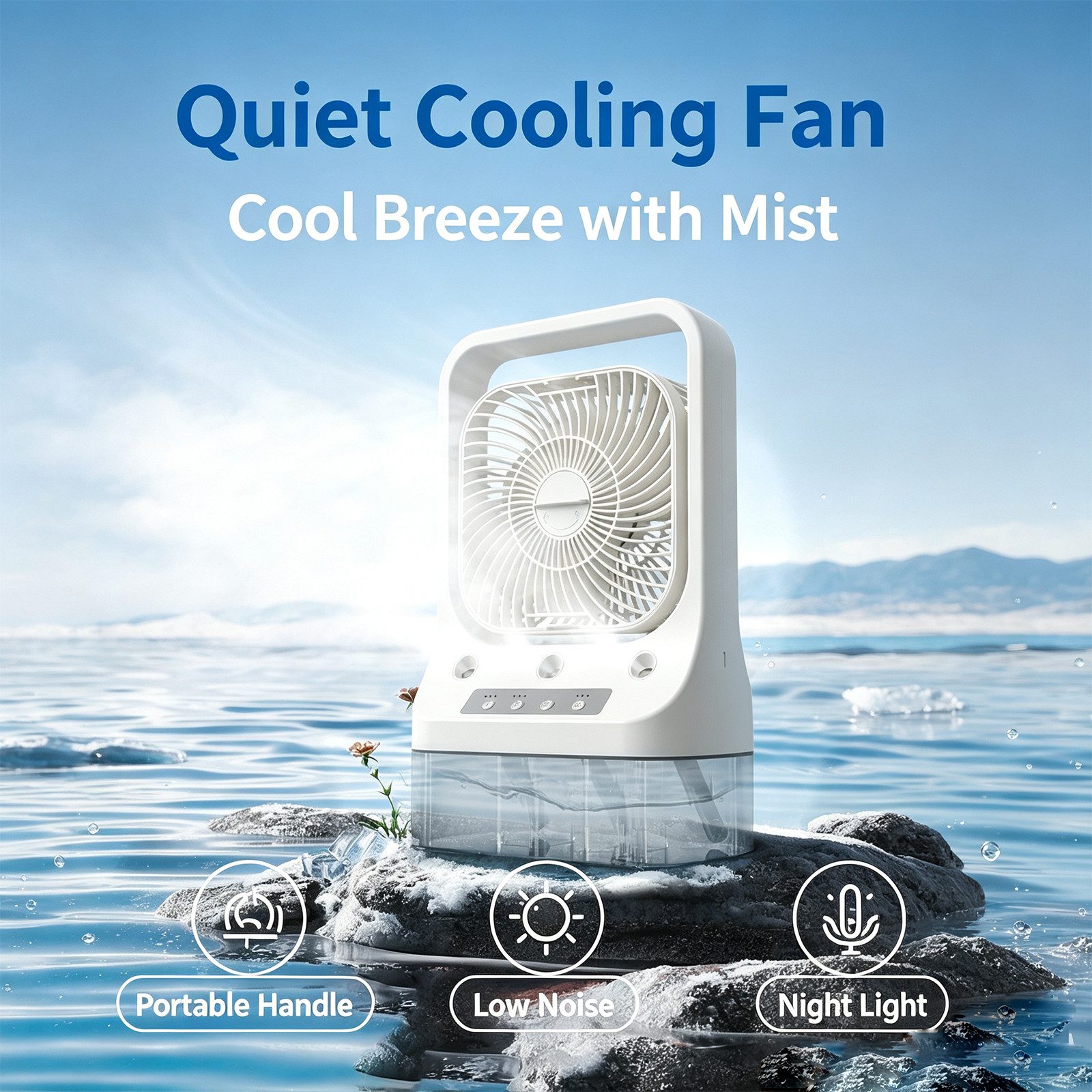 MOPUEA Ventilatorkombigerät 4-in-1 Mini Klimagerät mit Sprühnebel mit 900ml Tank & 7 Farben Licht, 3 Windstufen, 3 Sprühmodi, 7 Farben, Timer