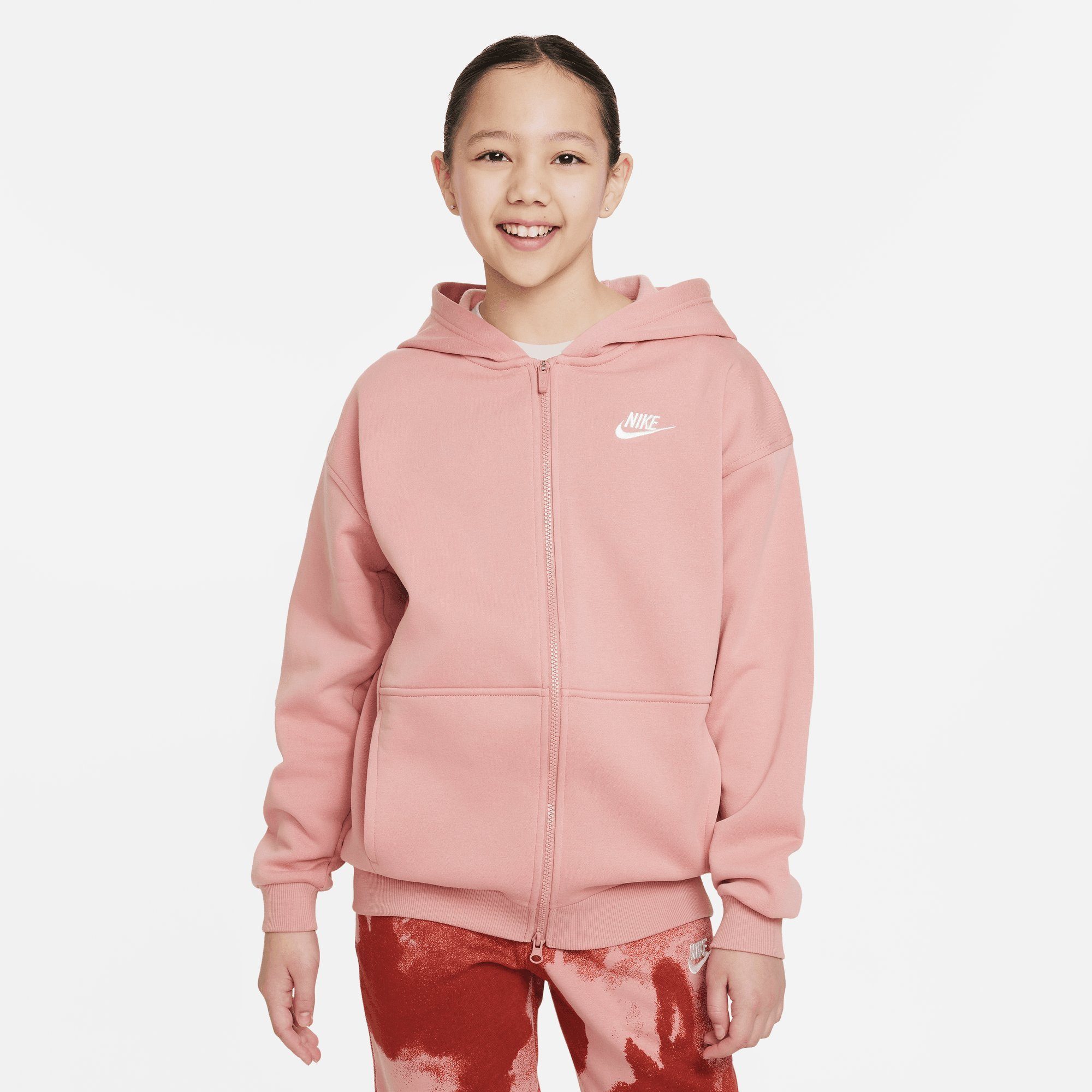 Nike Sportswear Kapuzensweatjacke CLUB FLEECE RED STARDUST/WHITE KIDS' FULL-ZIP BIG OVERSIZED (GIRLS) HOODIE