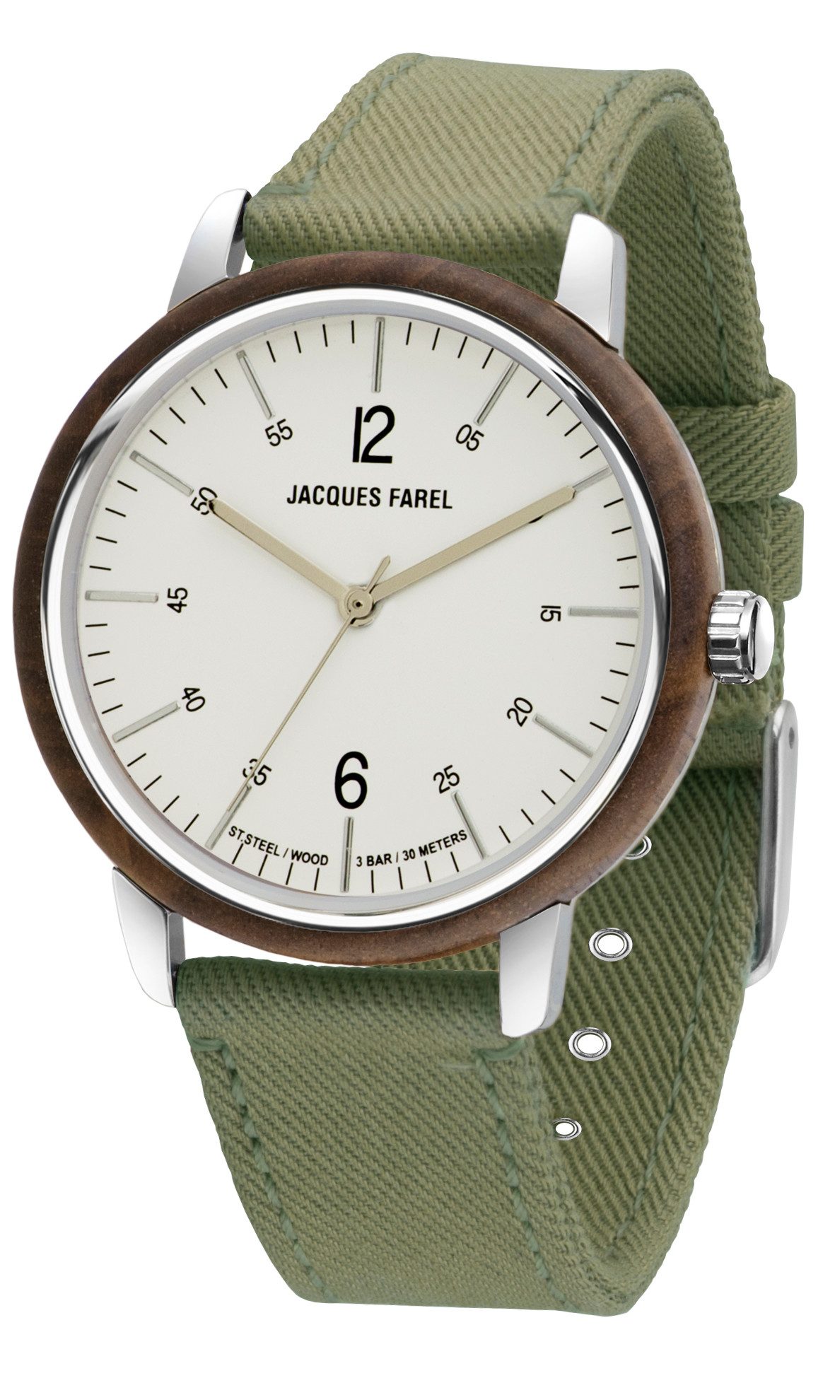 Jacques Farel Quarzuhr ORW1037 nachhaltige Damen Armbanduhr Stahlgehäuse Holzring Lyocellband 3 bar, Analog Grün Dunkelbraun Holzuhr Geschenk Frauen Ø38 mm