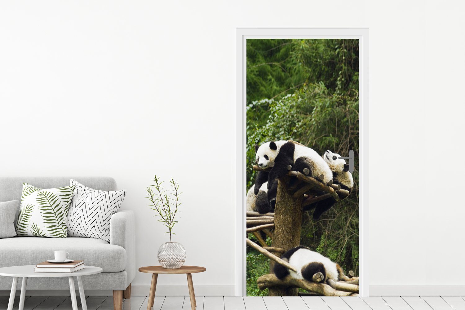Tür, - bedruckt, Türaufkleber, Treppe, Fototapete 75x205 cm Pandas Holz Türtapete MuchoWow St), für - Matt, (1