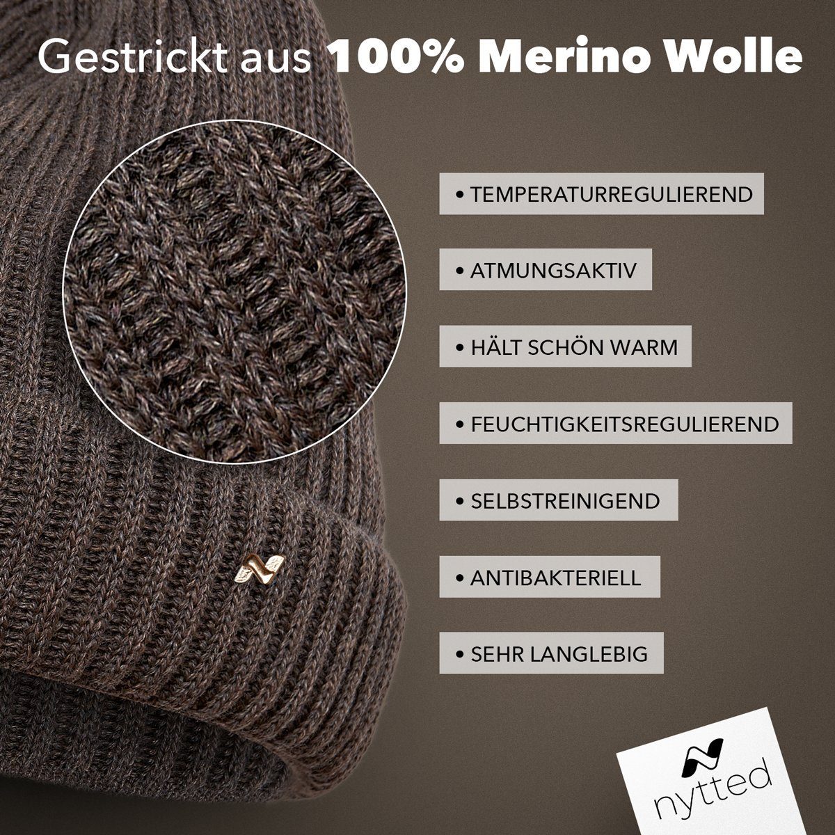 in 100% Wintermütze für - & taupe Germany Made NYTTED® Merino-Wolle Damen - Strickmütze Herren -