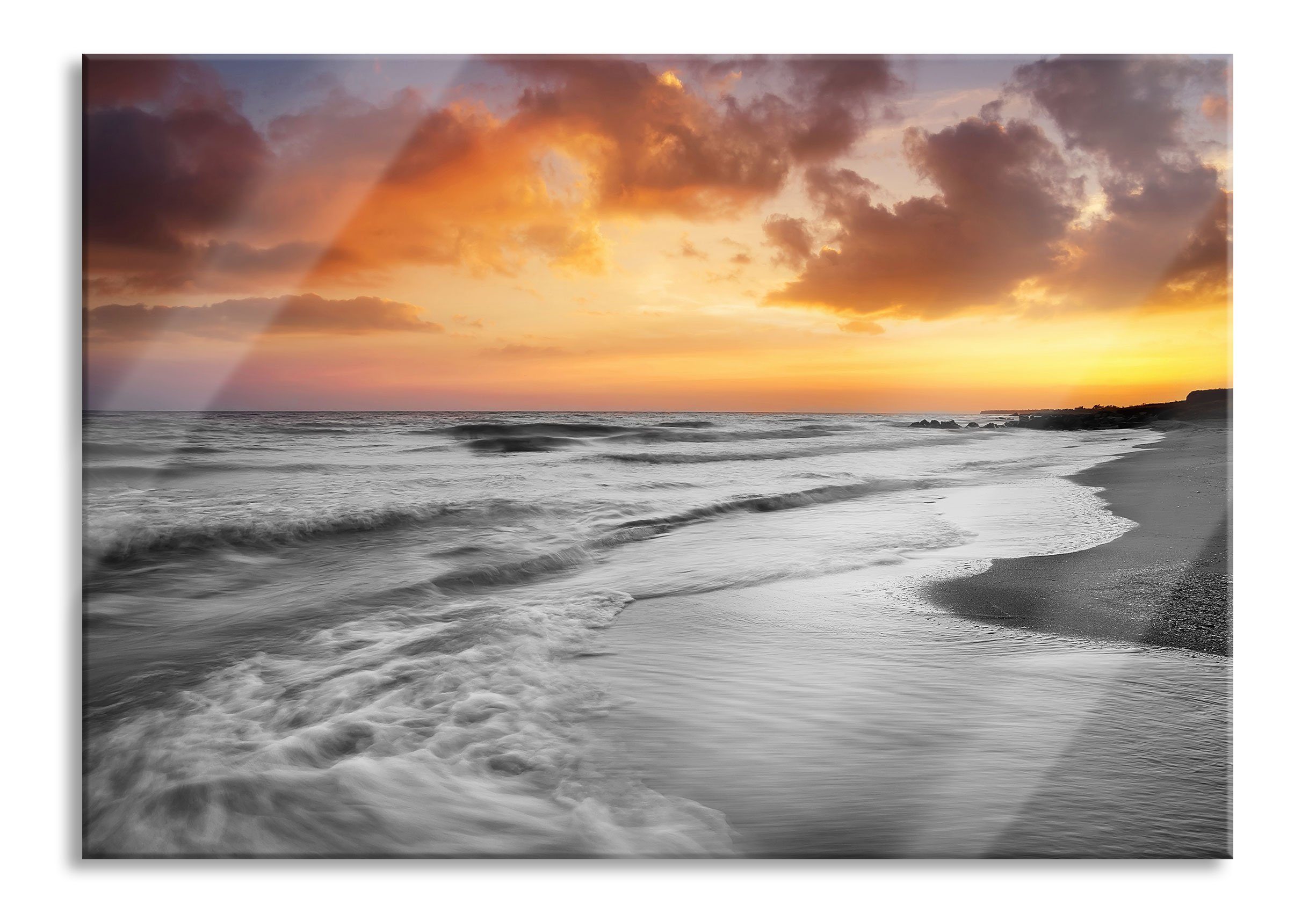 Glasbild Strand mit Sonnenuntergang
