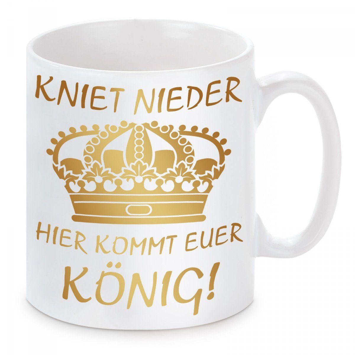 Herzbotschaft Tasse Kaffeebecher mit Motiv Kniet nieder hier kommt euer König, Keramik, Kaffeetasse spülmaschinenfest und mikrowellengeeignet