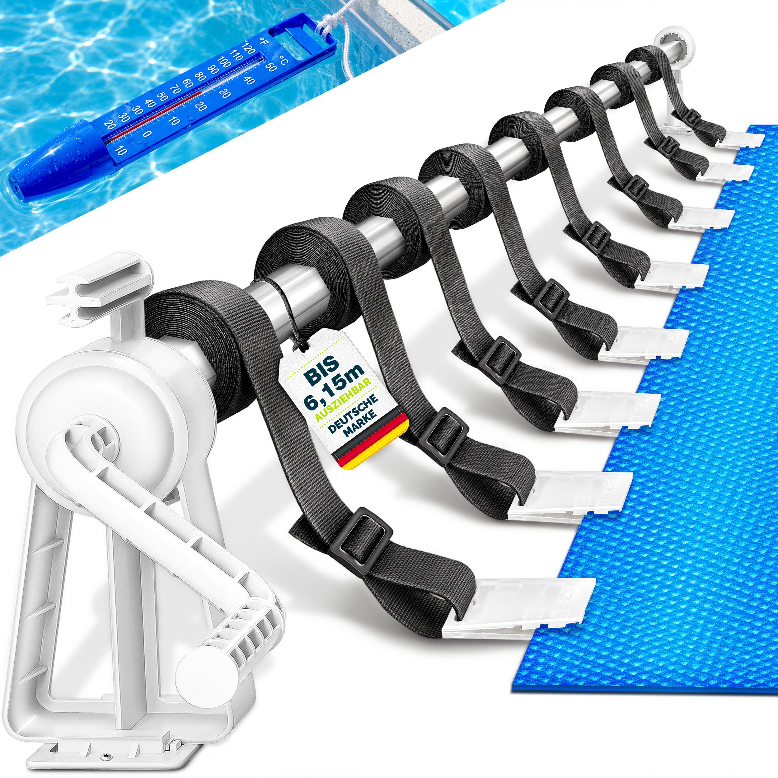 tillvex Pool-Abdeckplane Pool Aufroller 1,05-6,15 m Aufrollsystem Solarplane inkl. Thermometer, Aufrollvorrichtung für Poolplane & Abdeckung, inkl. Bänder