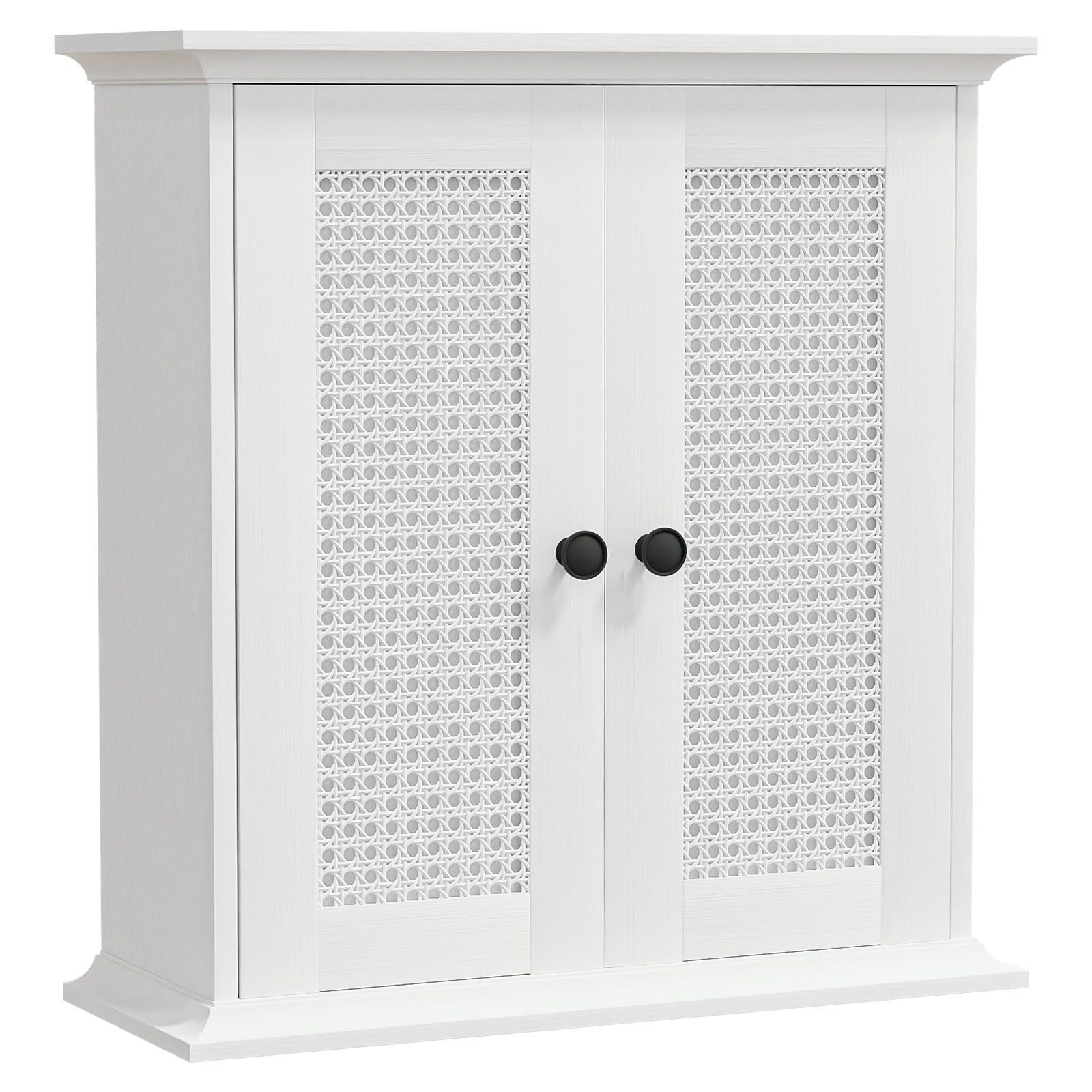 Yorbay Hängeschrank Badezimmerschrank mit Rattanfront (57 x 60 x 22 cm) Weißer Wandschrank mit Doppeltüren & verstellbarem Einlegeboden