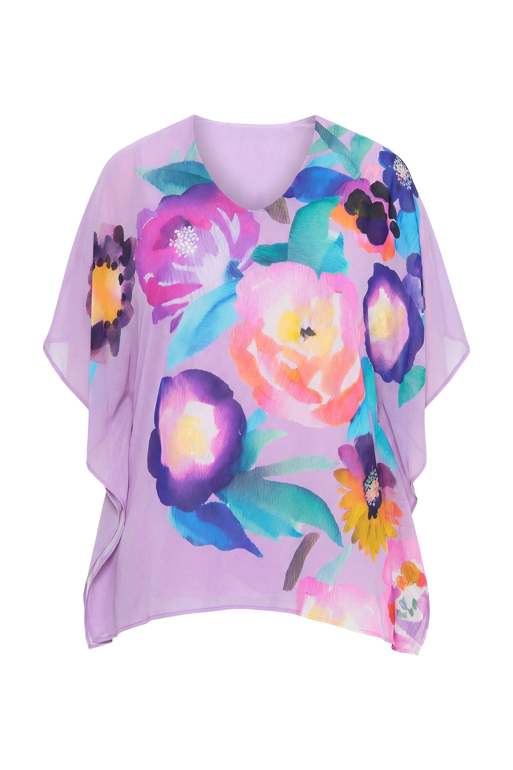 Ulla Popken Druckbluse Chiffonbluse Blüten doppellagig V-Ausschnitt