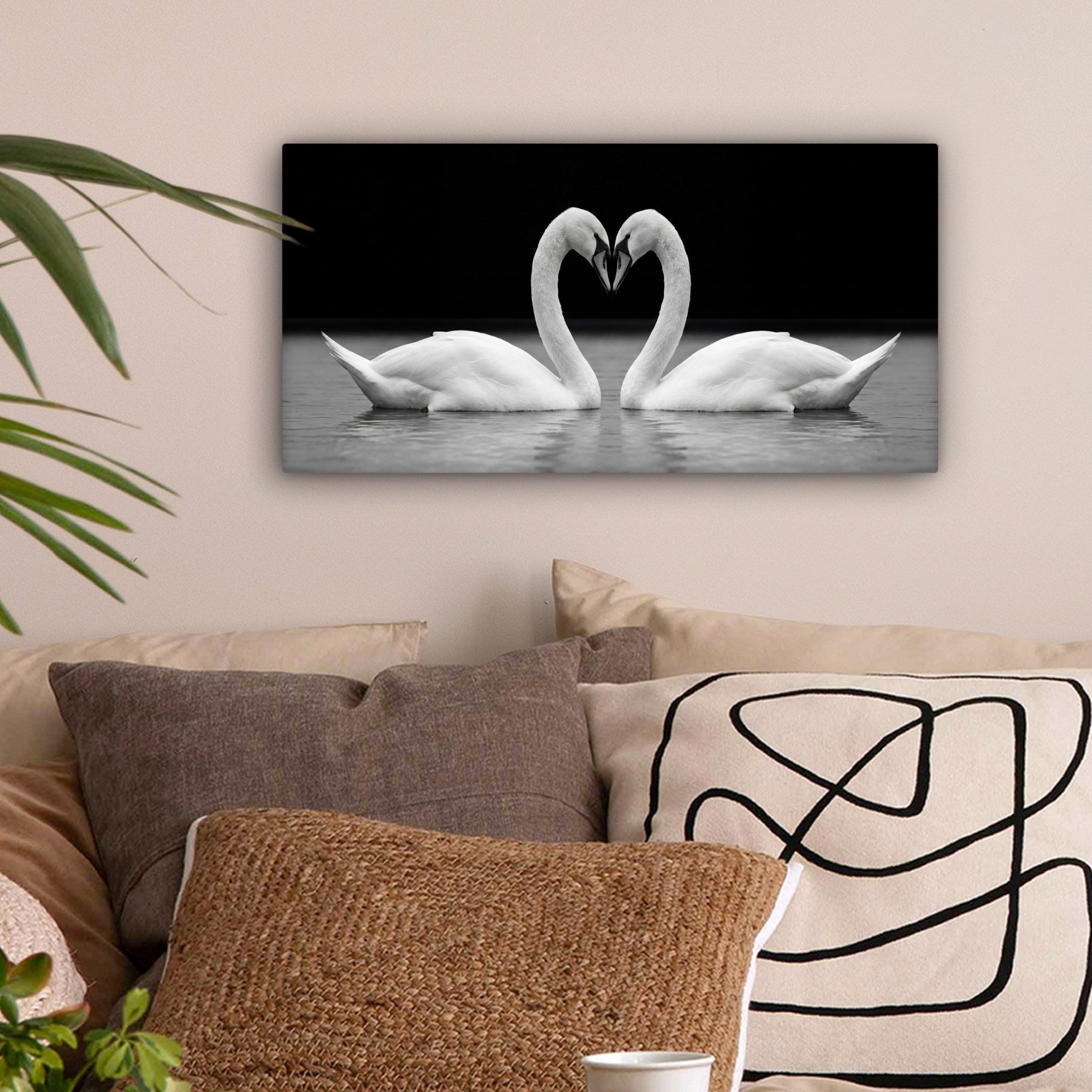 OneMillionCanvasses® Leinwandbild Panorama Schwäne - Herz - Schwarz - Weiß, Fotodruck (1 St), Wandbild, Deko Schlafzimmer Wohnzimmer Flur 40x20 cm