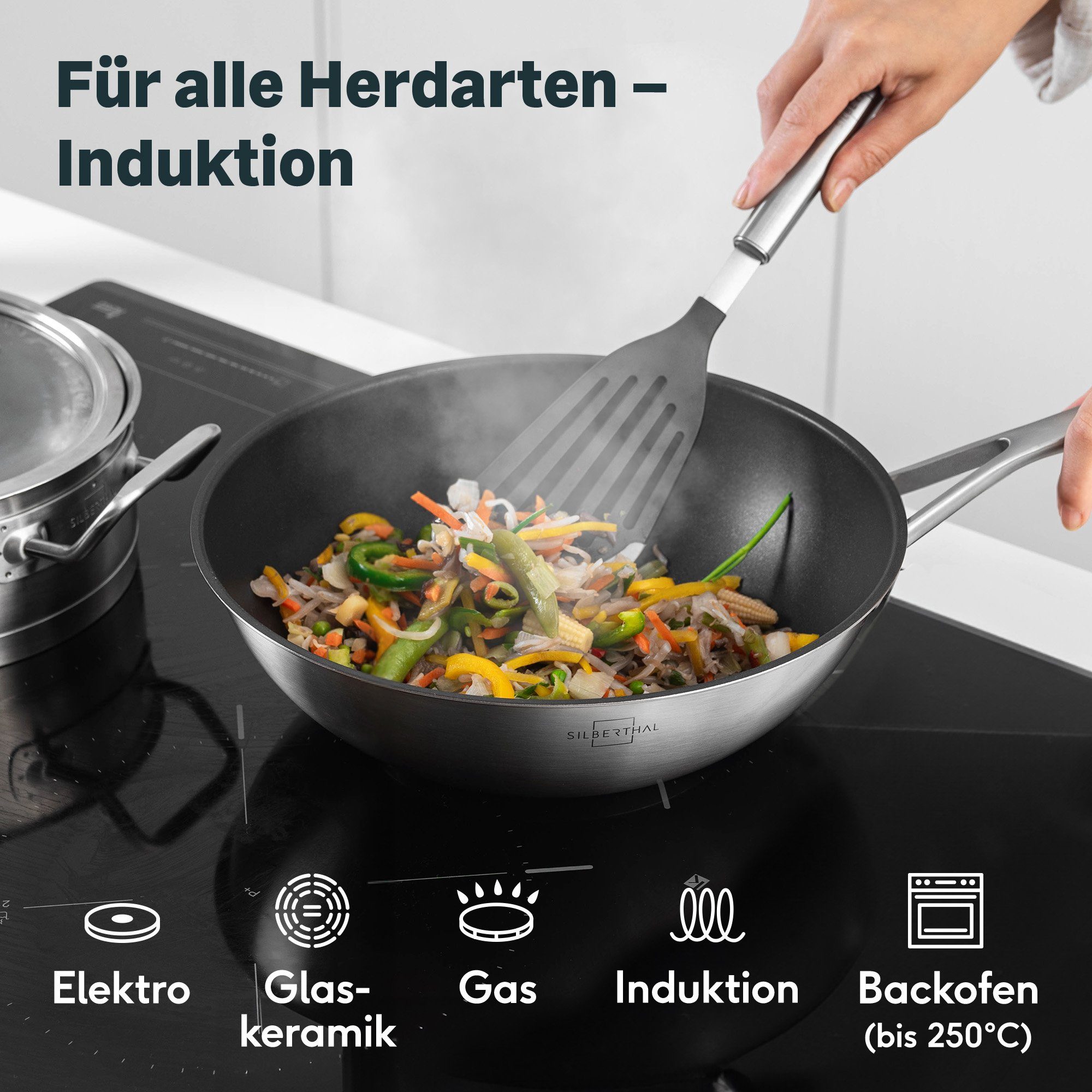 SILBERTHAL Wok Pfanne 28 cm Induktion, Edelstahl, spülmaschinengeeignet
